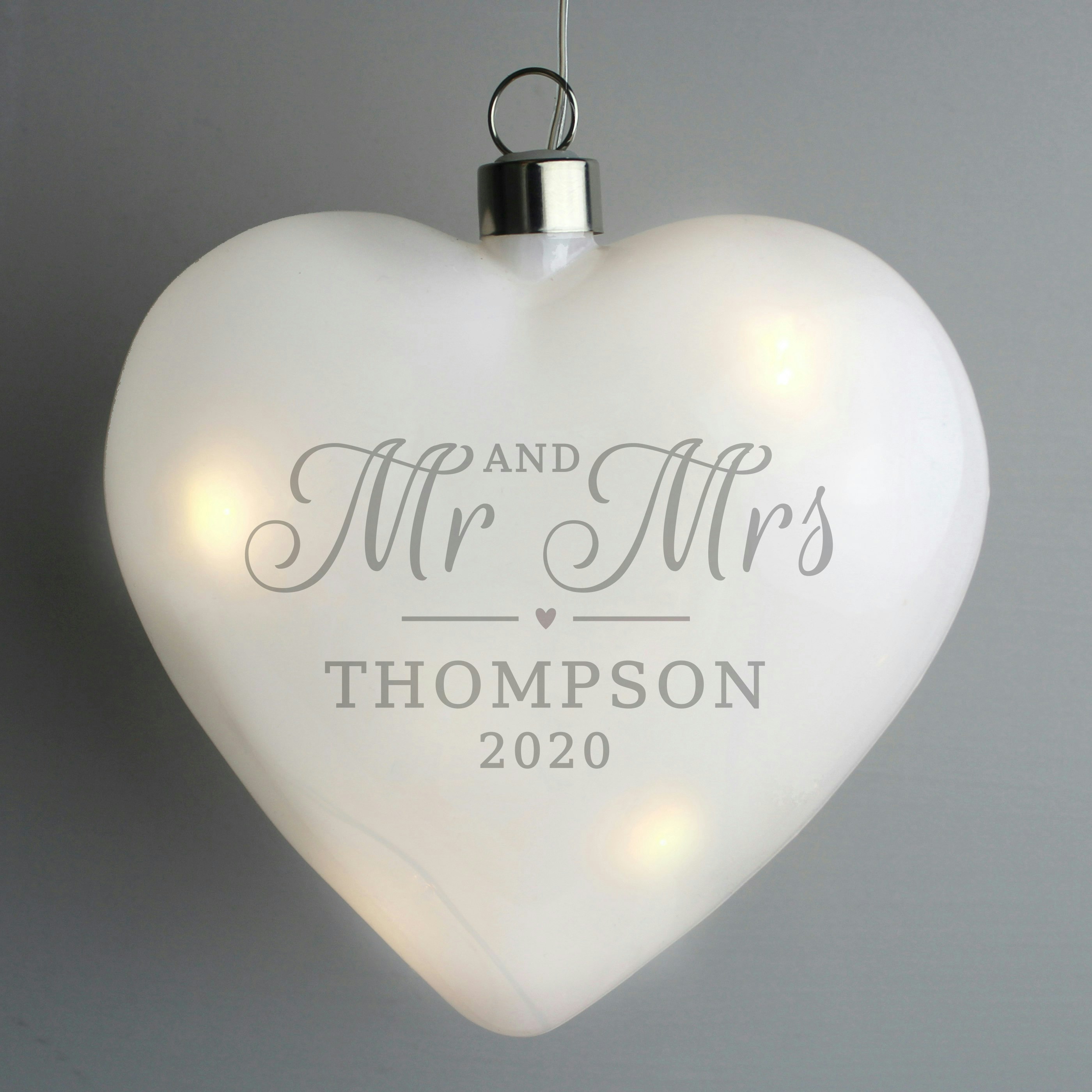 Personalised Memento Company Silver Personalised Mr & Mrs Led Hanging Glass Heart