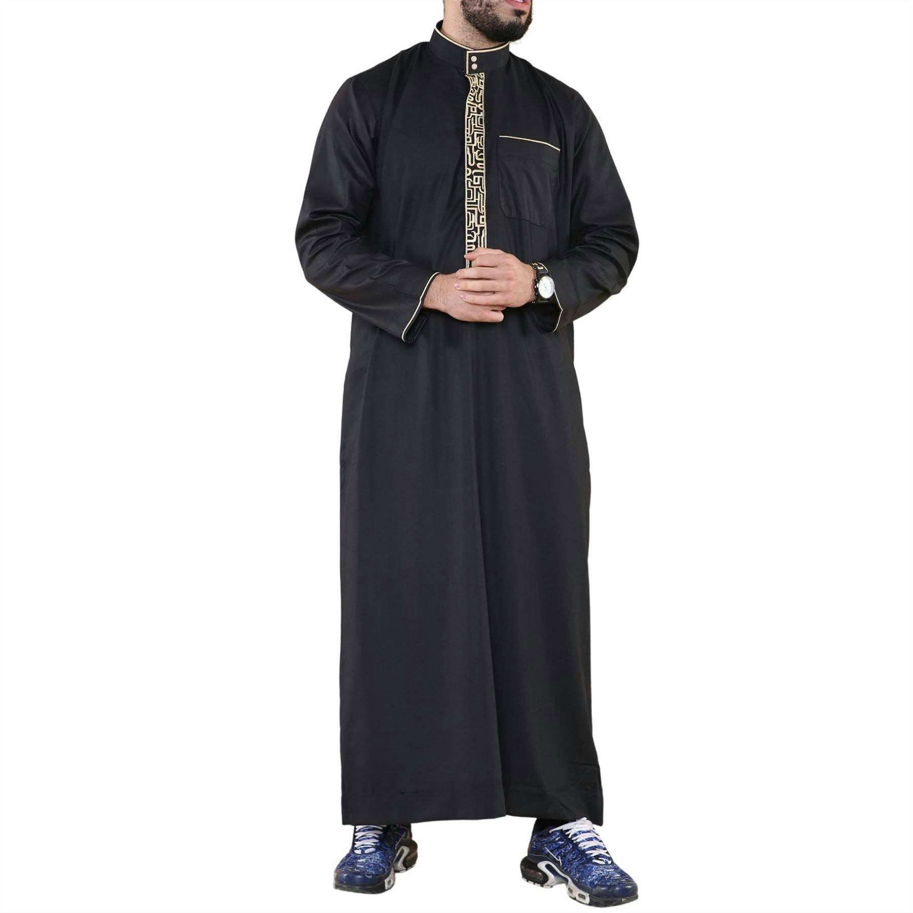 Thobez Men's Black Thobe Jubba Nehru Islamic Clothing Muslim Cotton Kaftan Embroidery Eid Robe - Large