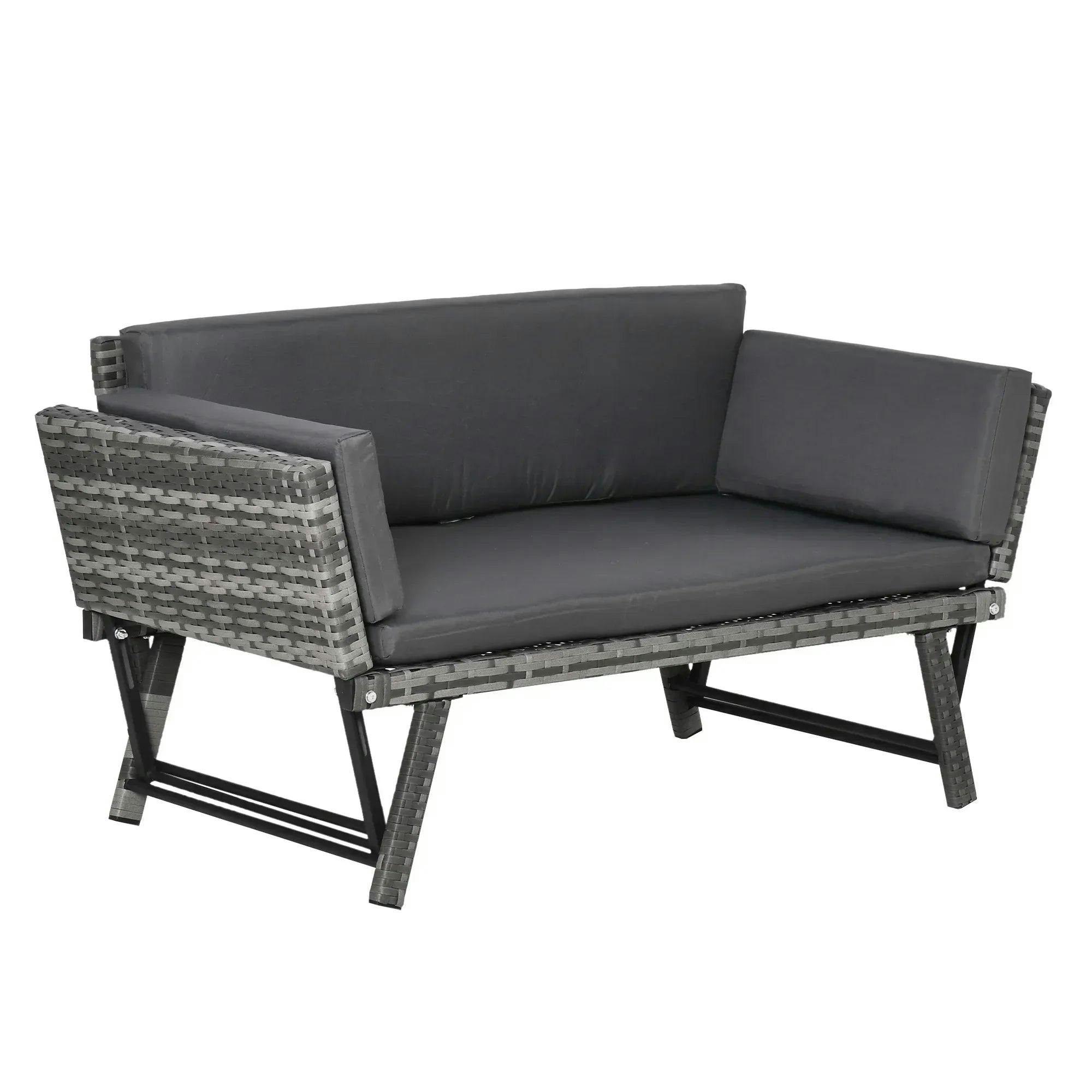 2 in 1 Rattan Folding Daybed Sofa Bench Garden Chaise Lounger with Cushion - Image 6