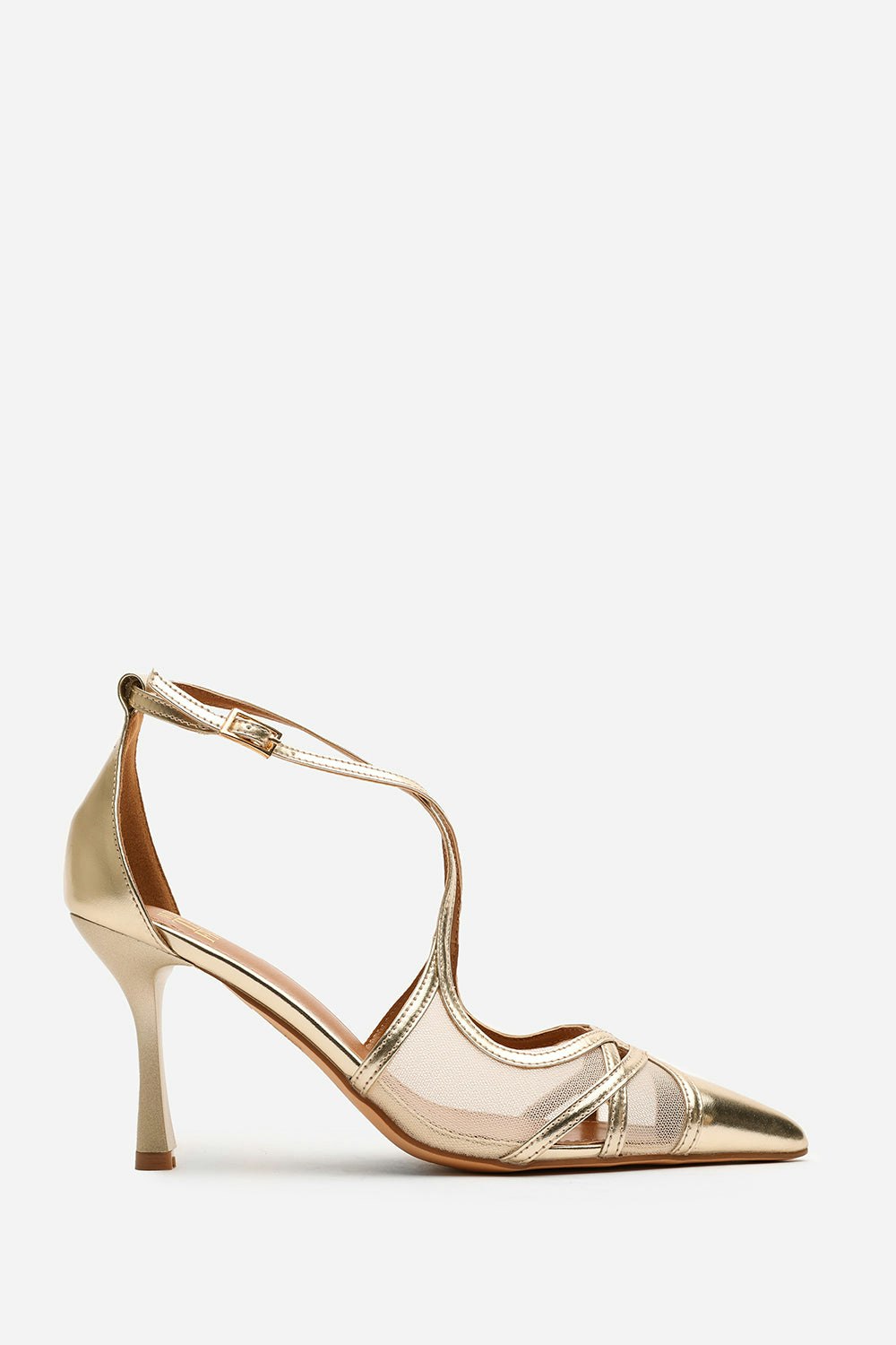 Where's That From Gold Katherine Strappy Pointed Toe High Mesh Heels In Metallic Finish. - Size 3