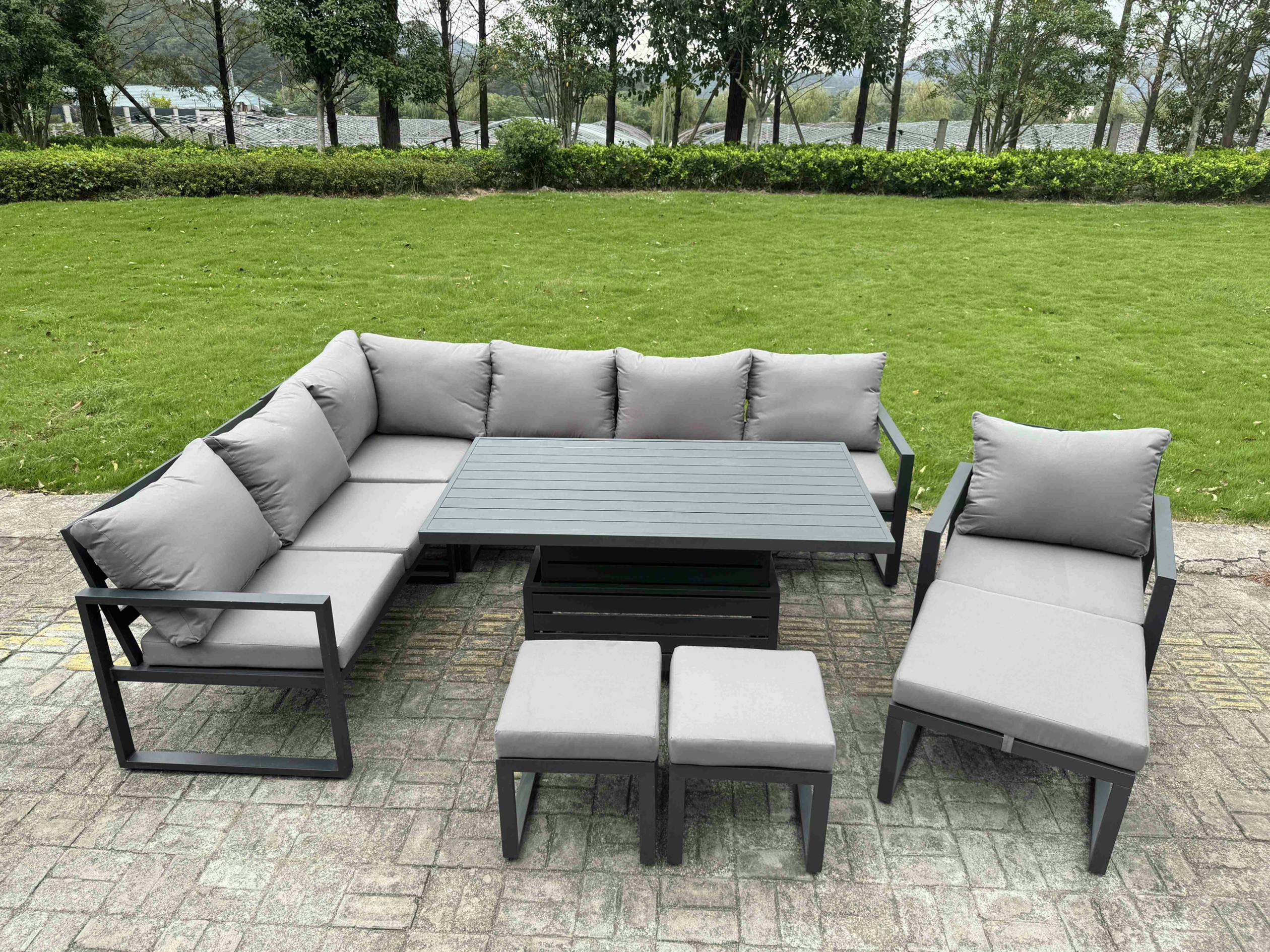Fimous Dark/Grey 10 Seater Aluminium Garden Furniture Set With Adjustable Rising Dining Table, Sofa, 3 Footstools, Chair
