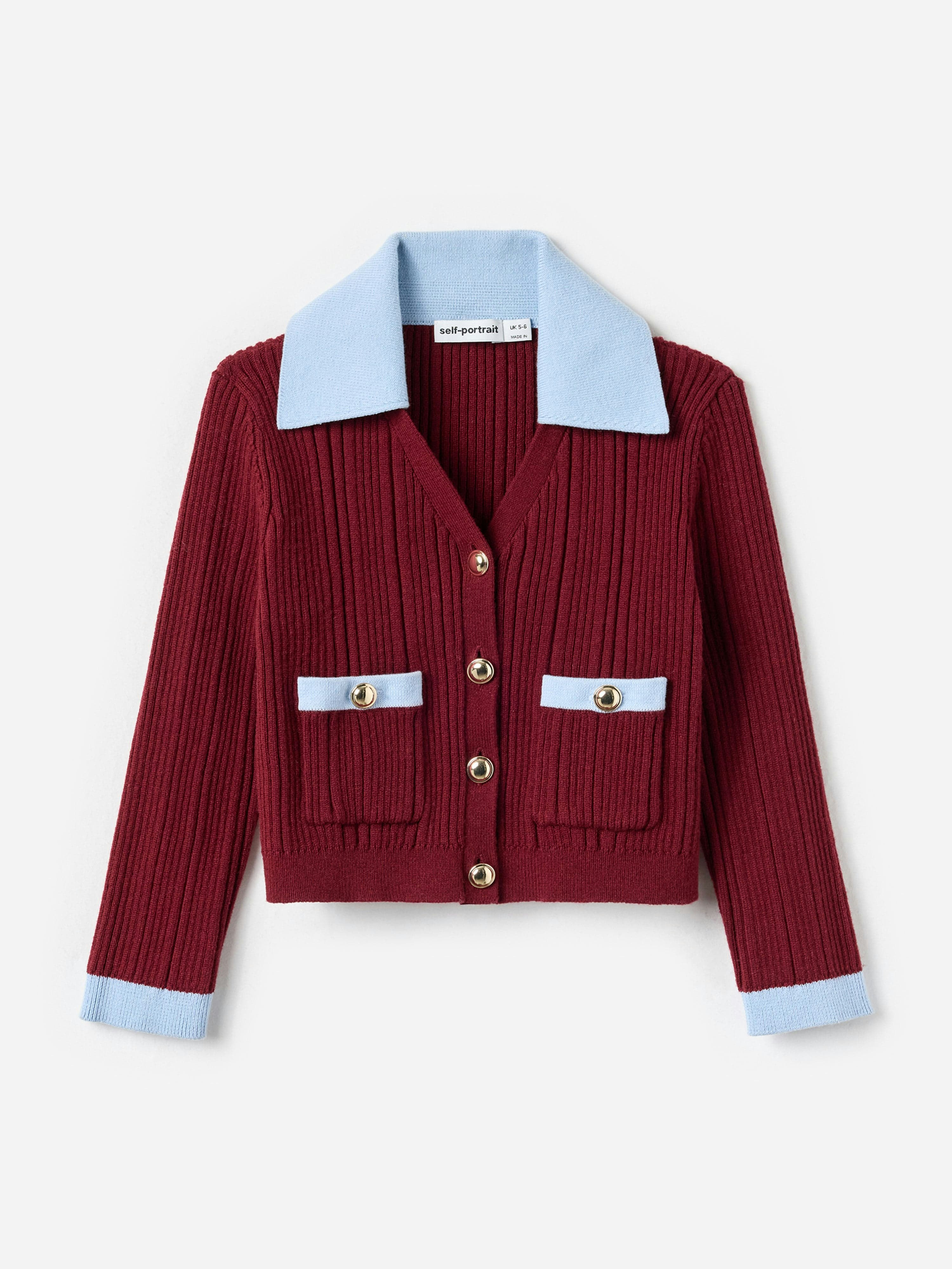 Self Portrait Girls Red Ribbed Knit Cardigan In - 4 - 5 Yrs