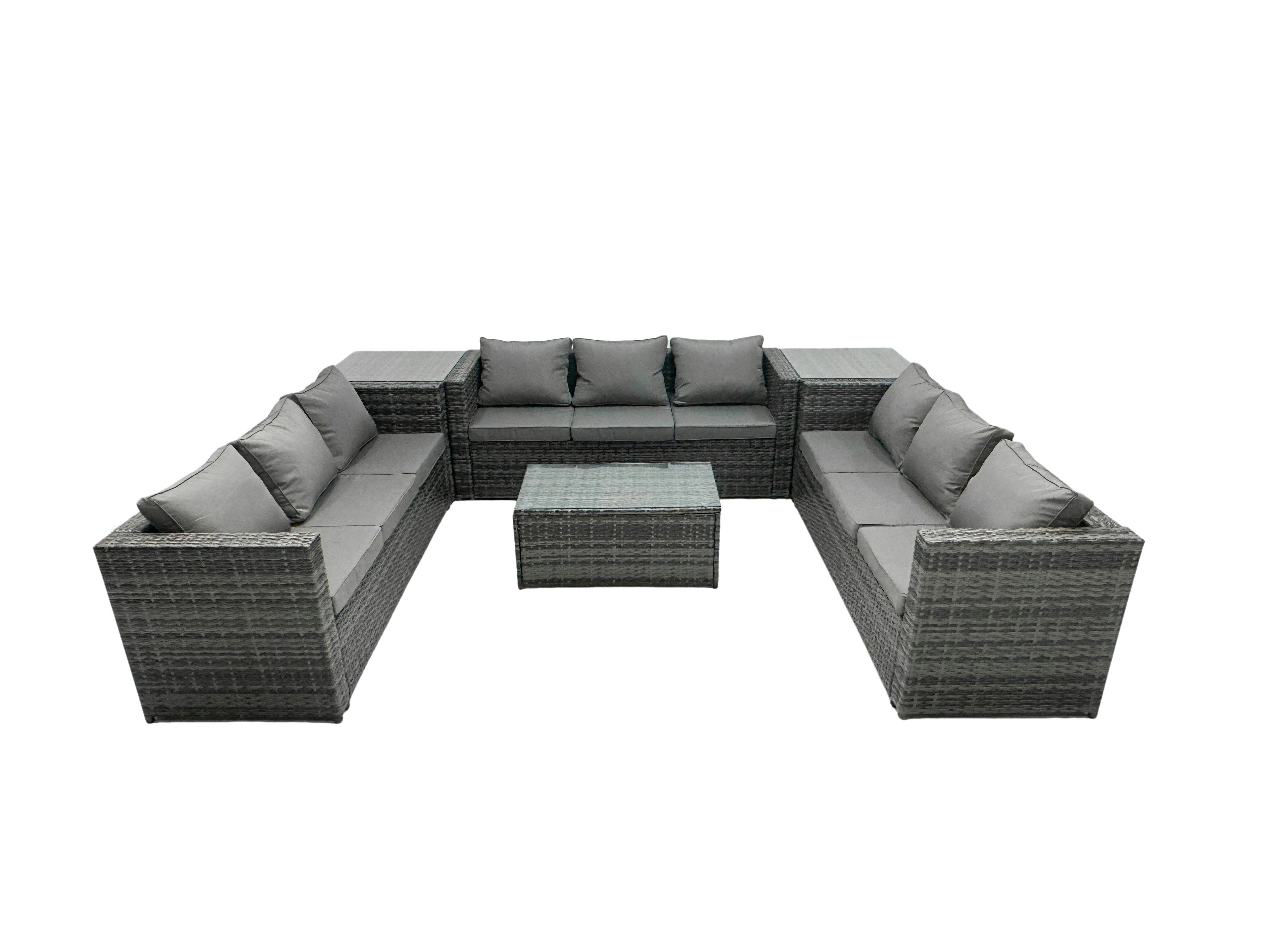 Rackhams Outdoor Rattan Garden Furniture Lounge Sofa Set With Oblong Coffee Table And 2 Side Tall Table