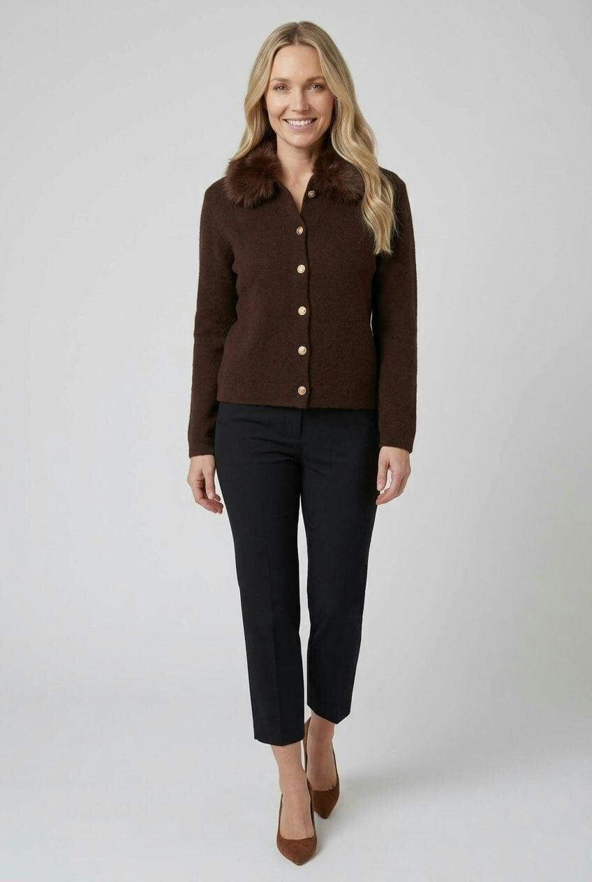 Izabel London Brown Faux Fur Trim Collared Cardigan - 12