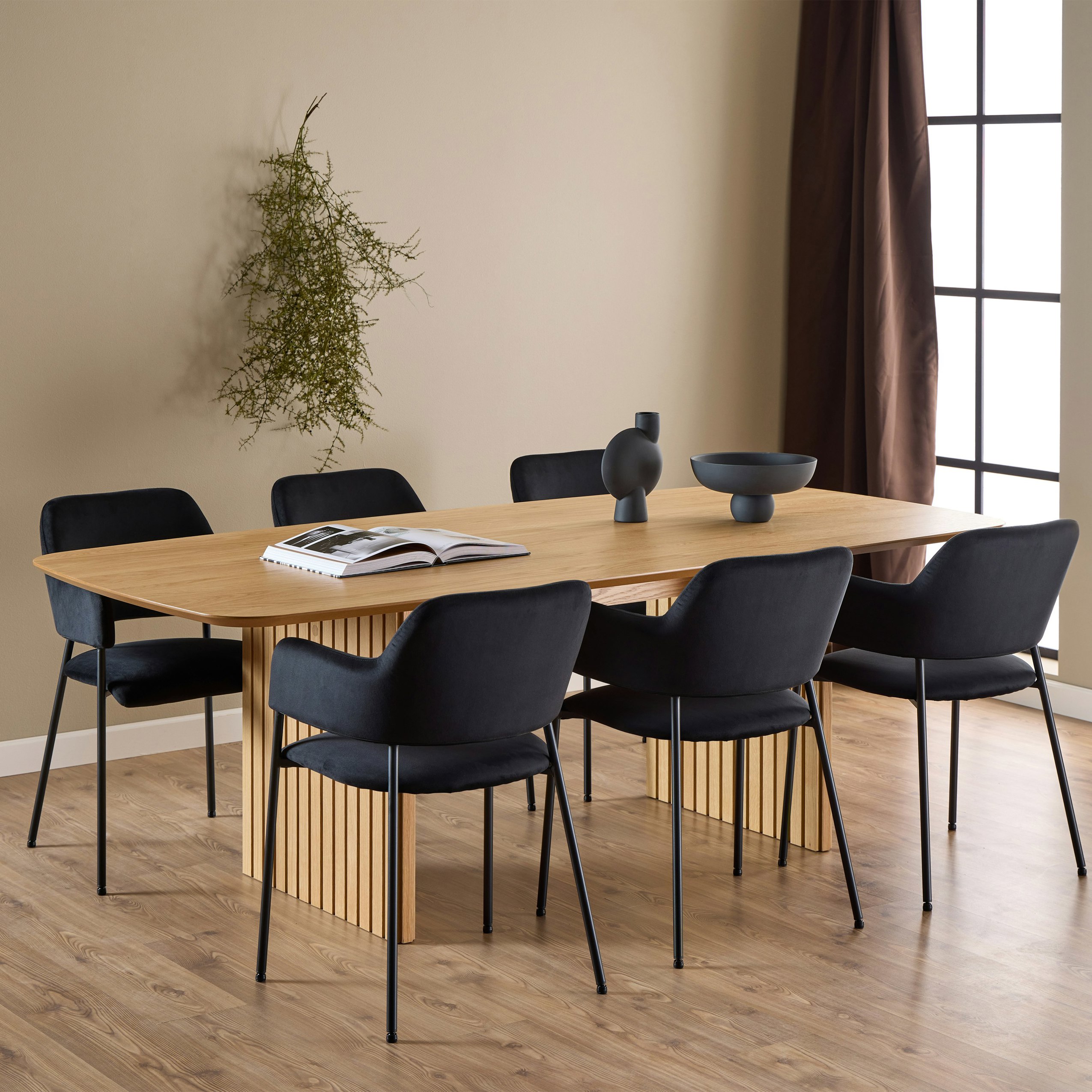 Rackhams Black Christo Dining Table In Oak 220X75cm Including 6 Lima Dining Chairs With Armrest In - No