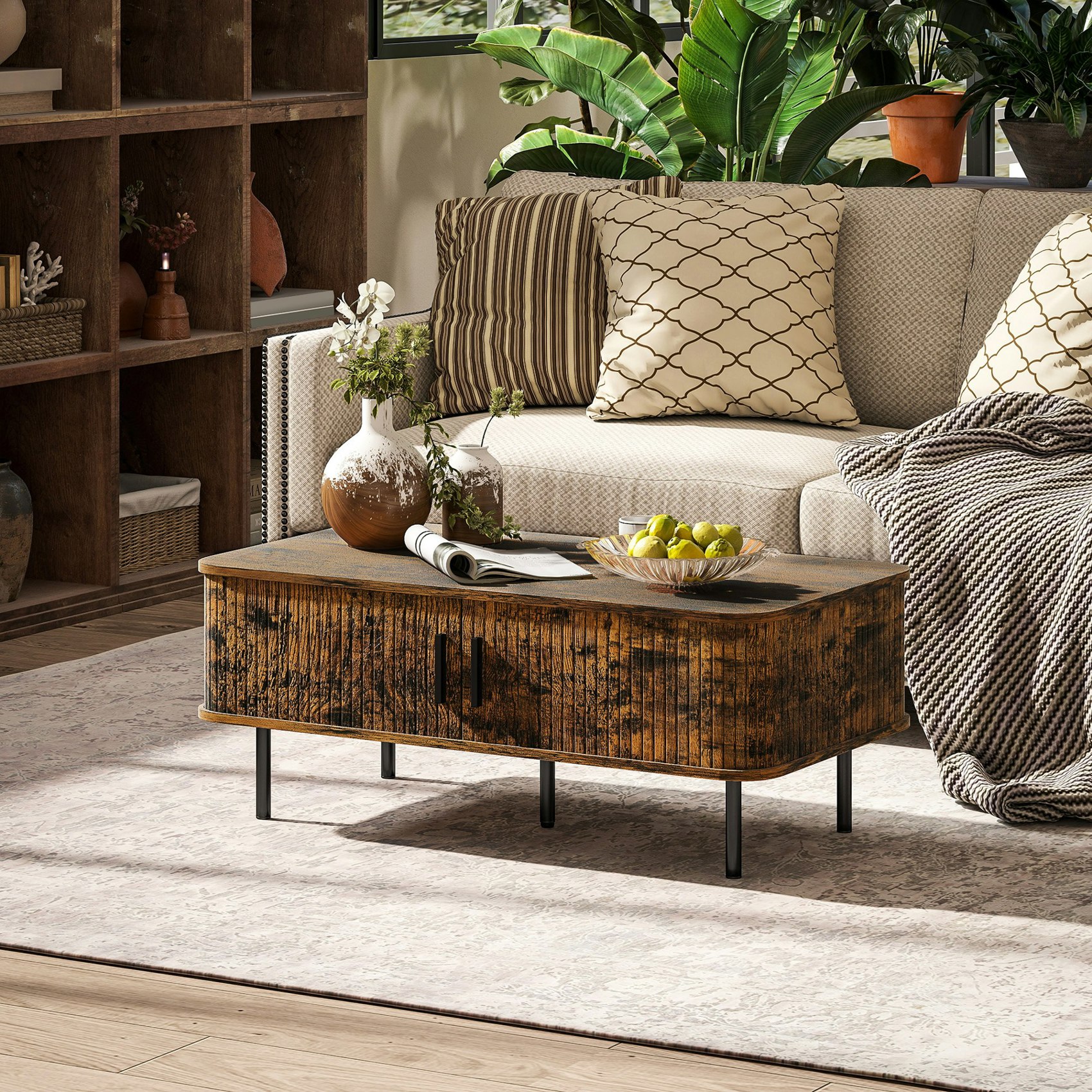 Rackhams Brown Coffee Table With Storage And Sliding Doors For Living Room, Oak - Rustic