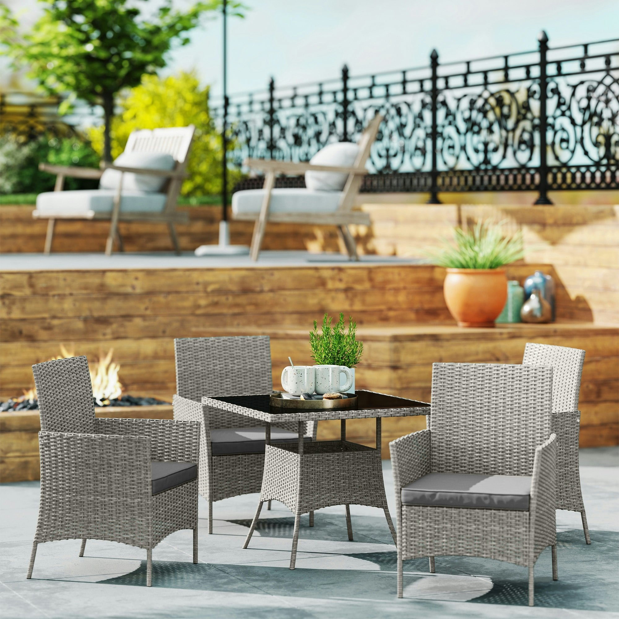 Rackhams Grey/Light Rattan Outdoor Dining Table And Chairs For 4, Mixed - Steel, Pe Rattan