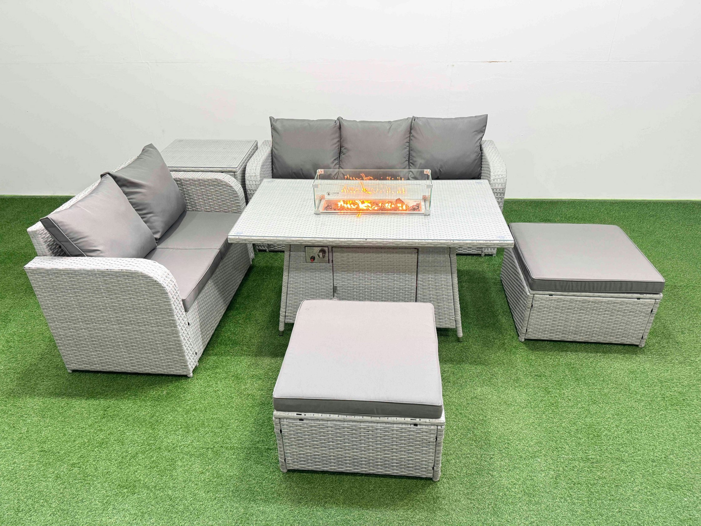 Fimous Light/Grey/Dark 7 Seater Pe Rattan Garden Furniture Patio Conservatory Sofa Set With Fire Pit Dining Table 3 Seater Sofa Love Sofa 2 Big Footstool Side Table