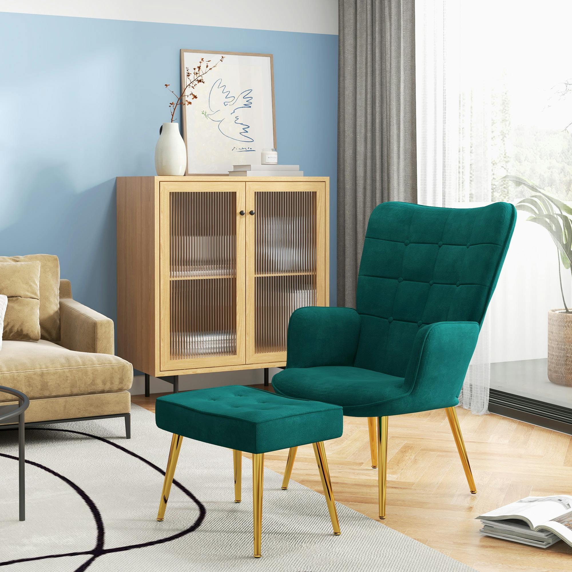 Rackhams Gold/Green Button Tufted Armchair With Footstool And Legs