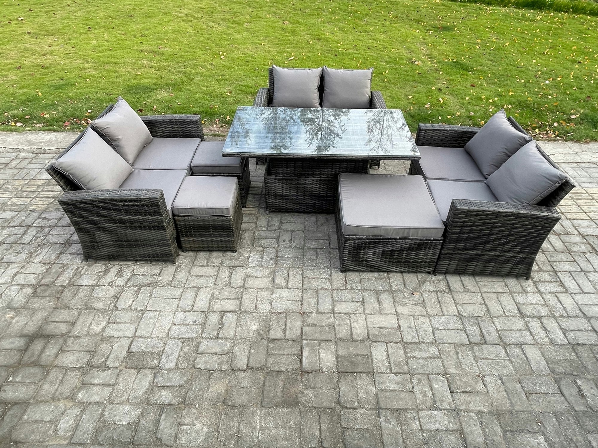 Fimous Dark/Grey Wicker Pe Rattan Garden Furniture Set Height Adjustable Rising Lifting Table Sofa Dining Set With Double Seat Sofa 3 Footstools Mixed