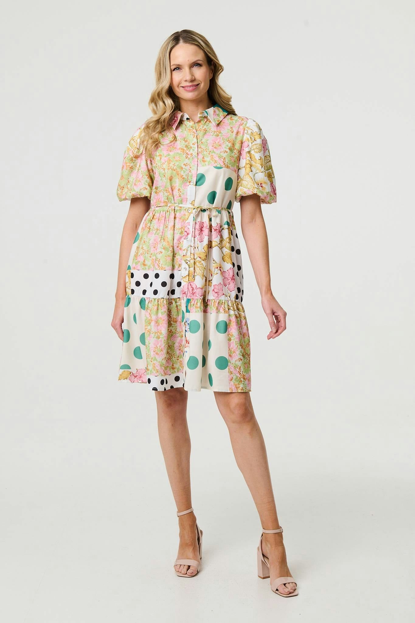 Izabel London Yellow Patchwork Print Knee Length Shirt Dress - 14