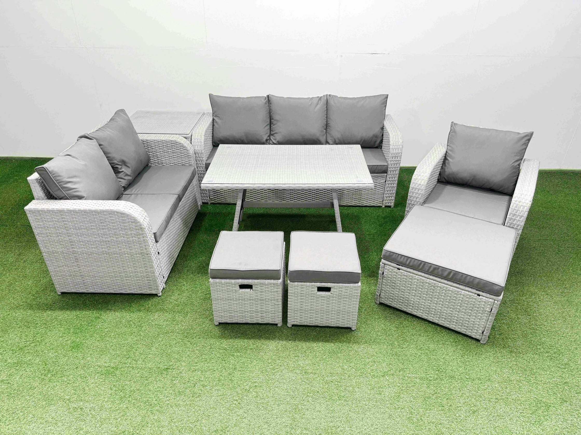 Rackhams Light/Grey Rattan High Back Lounge Sofa Set Patio Dining Table & Chairs Set With 3 Seater Sofa Reclining Chair Side Table 3 Stool