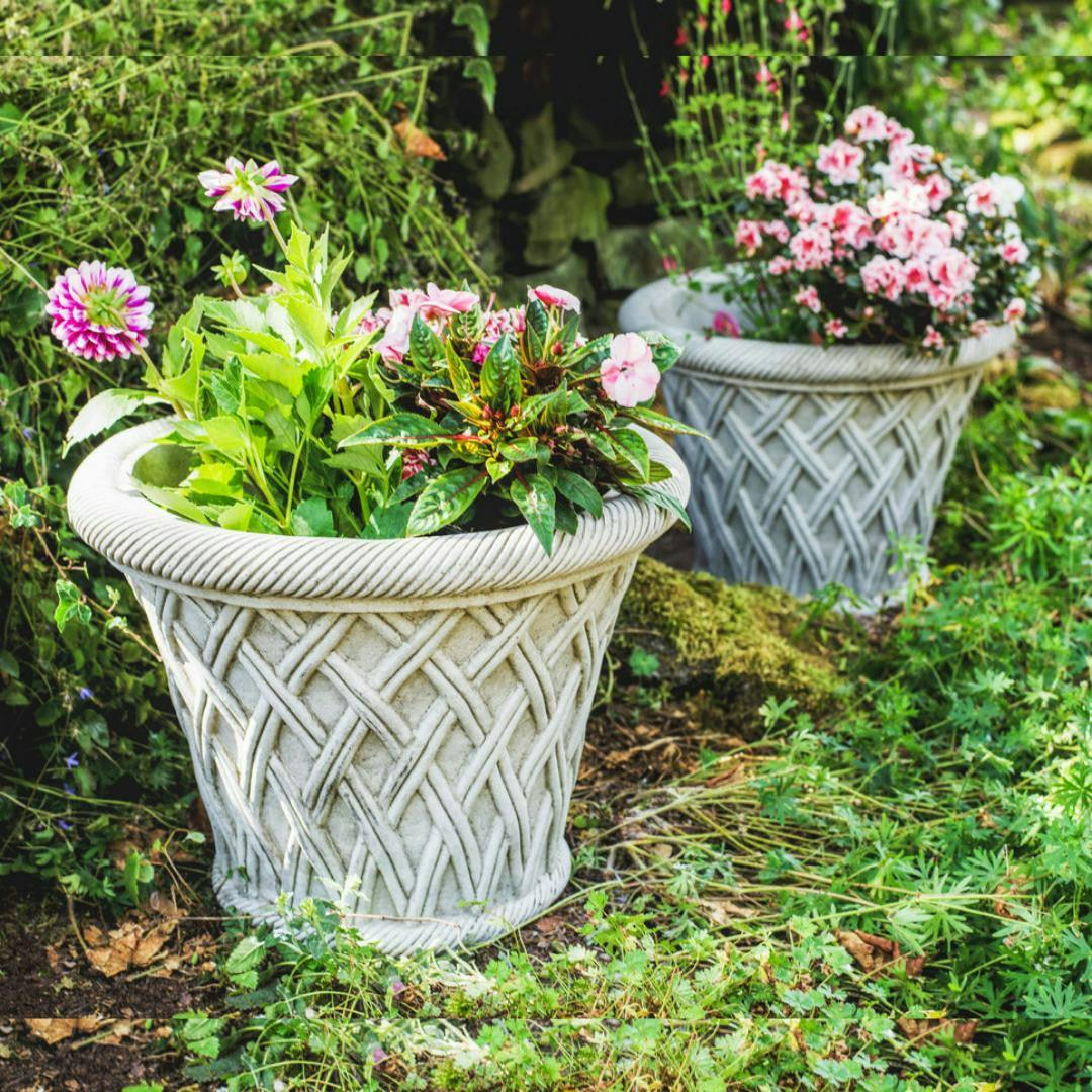Rackhams Pair Of Large Wicker Pattern Stone Plant Pot