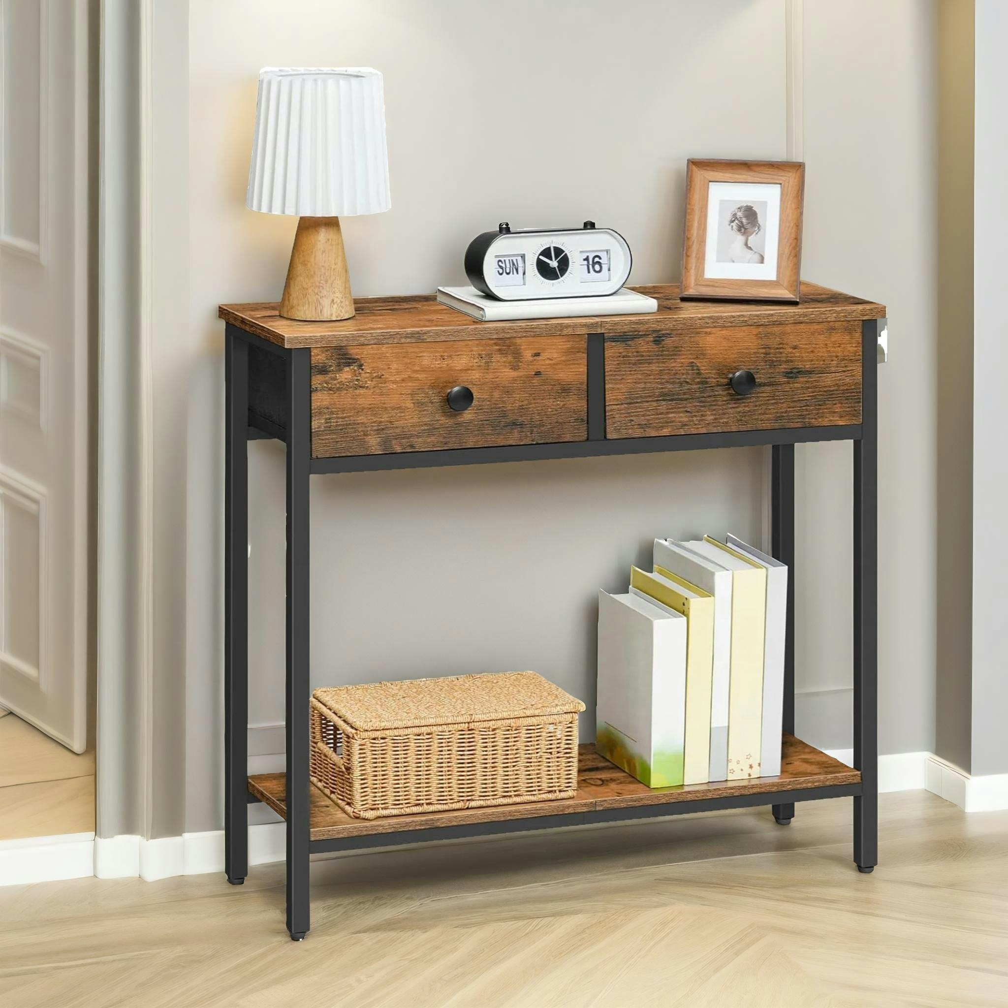 Rafaelo Mobilia Brown Industrial 2 Tier Console Table With 2 Drawers