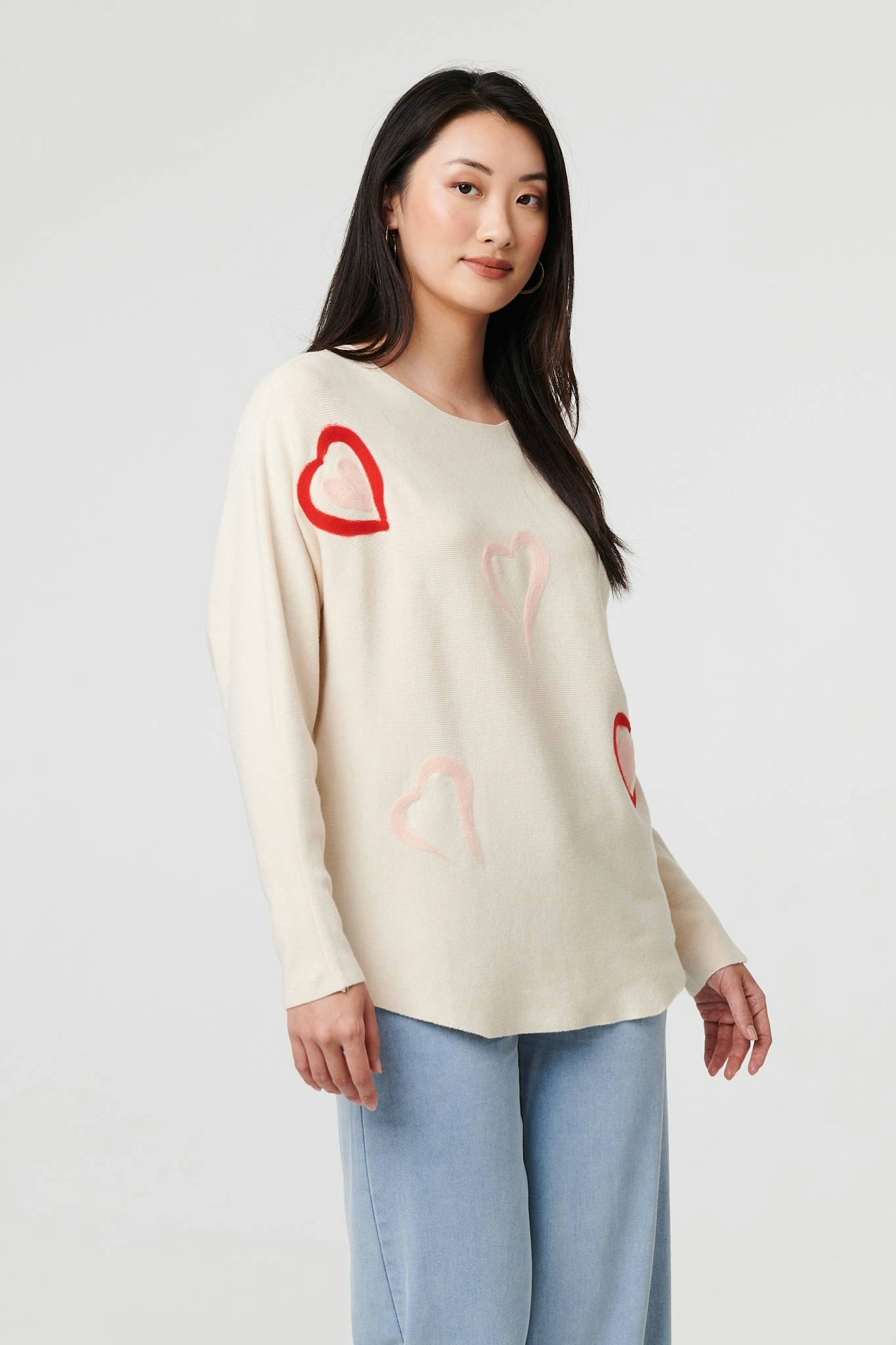 Izabel London Beige Heart Print Batwing Sleeve Jumper - S/M