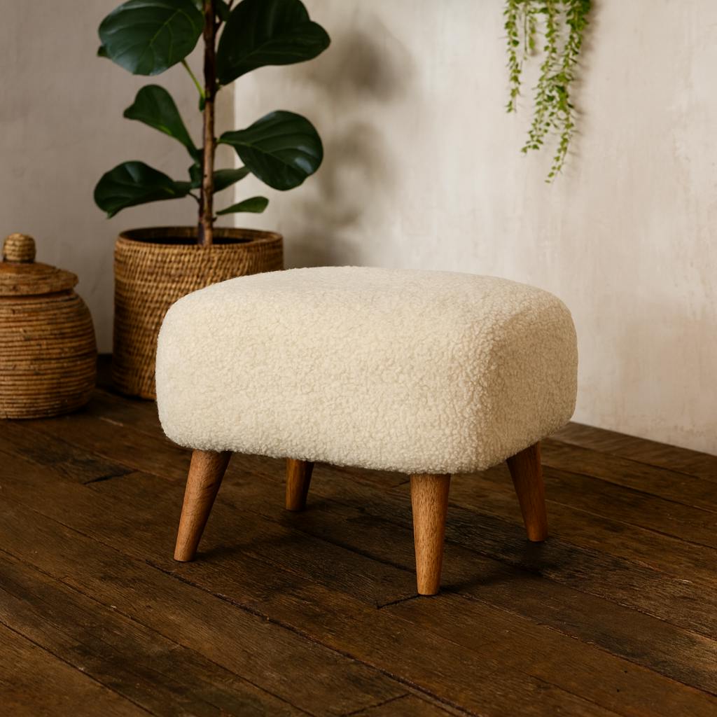 Wyld Haus Cream Olbia Boucle Square Footstool Mango Wood Legs