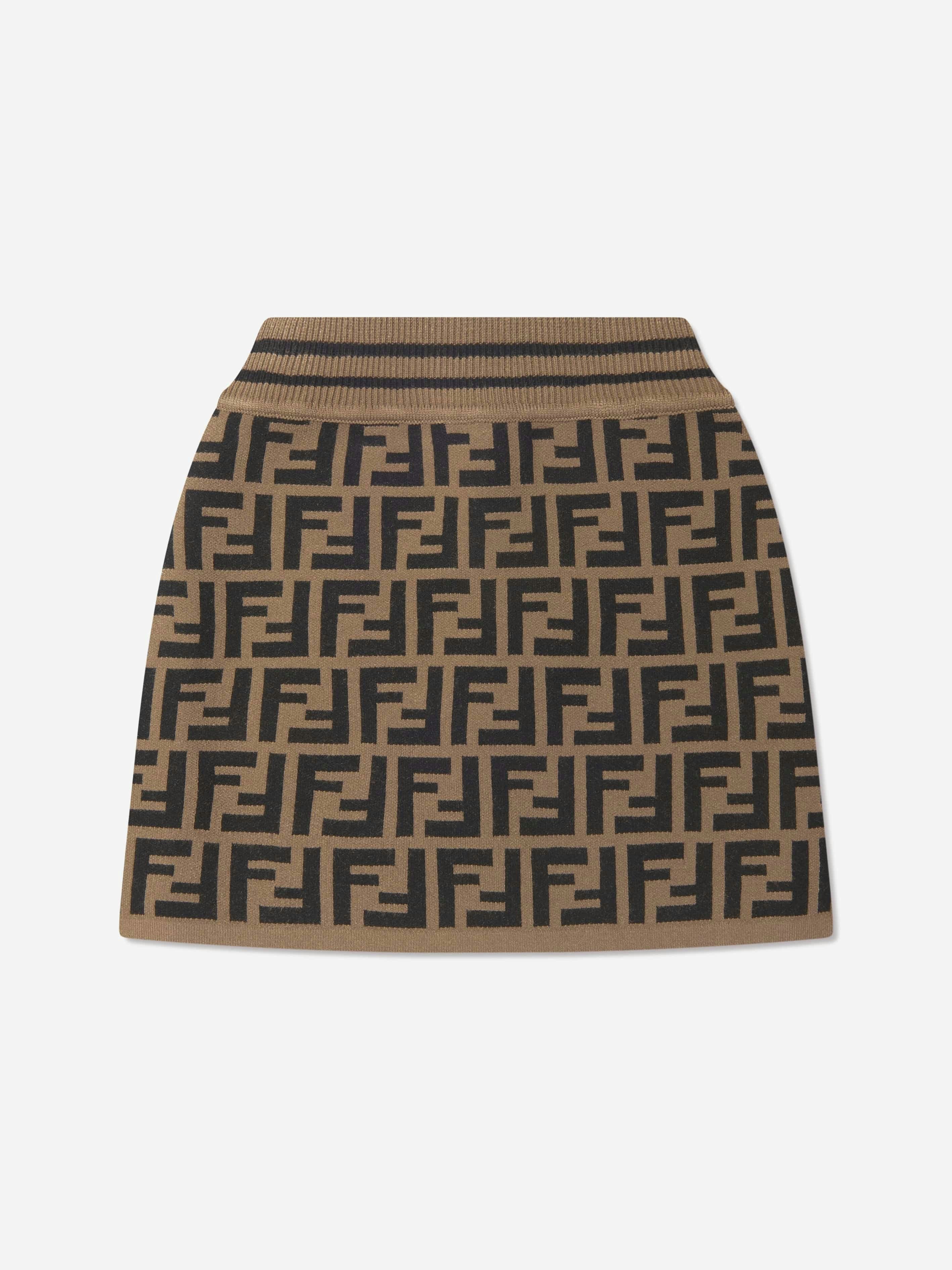 Fendi Kids Girls Brown Fendi Ff Logo Knitted Skirt In - 5 Yrs