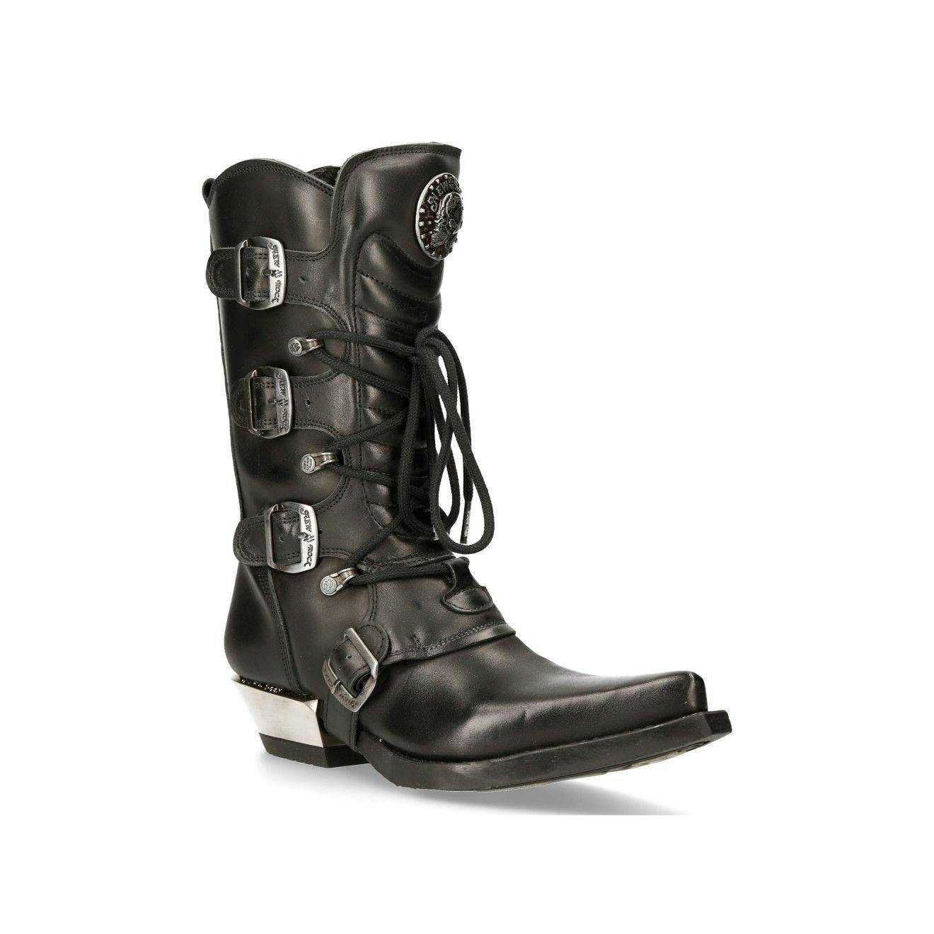 New Rock Black Leather Cowboy Buckle Boots- M-7993-S1 - Uk 6.5 | Eu 40 | Us 9
