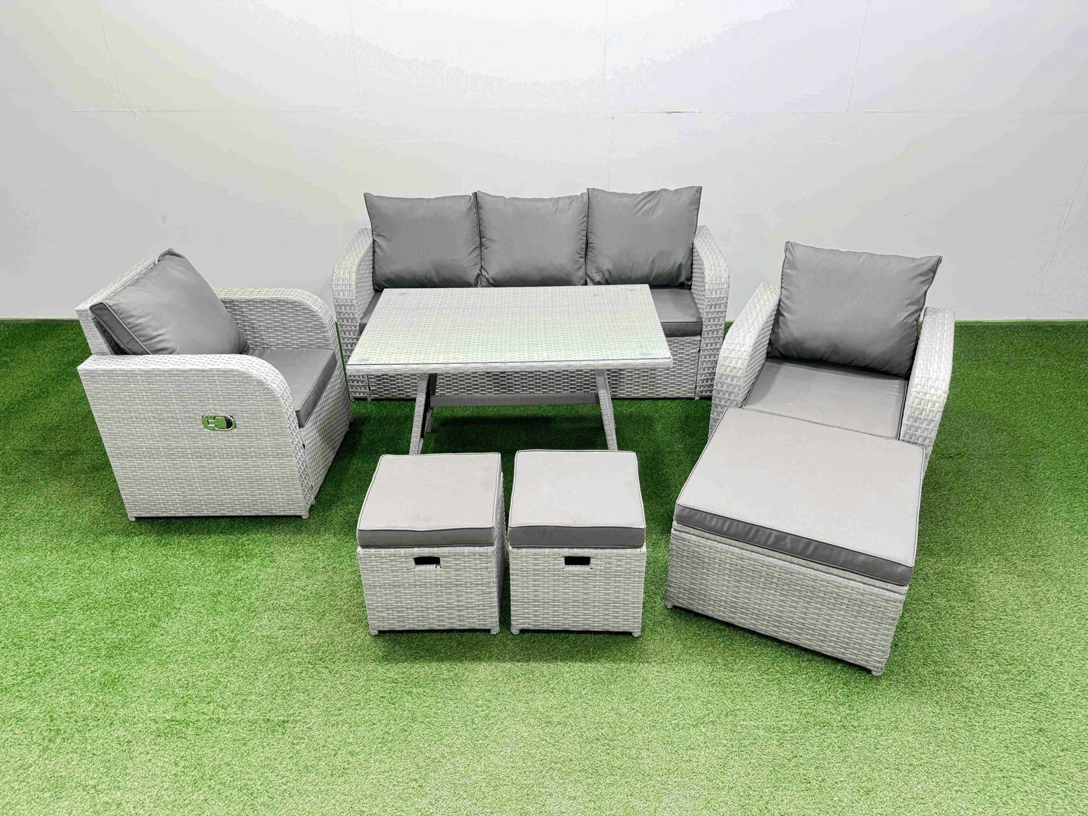 Fimous Light/Grey Reclining Chair 3 Seat Sofa Set Garden Furniture Set With Rectangular Dining Table 3 Footstools