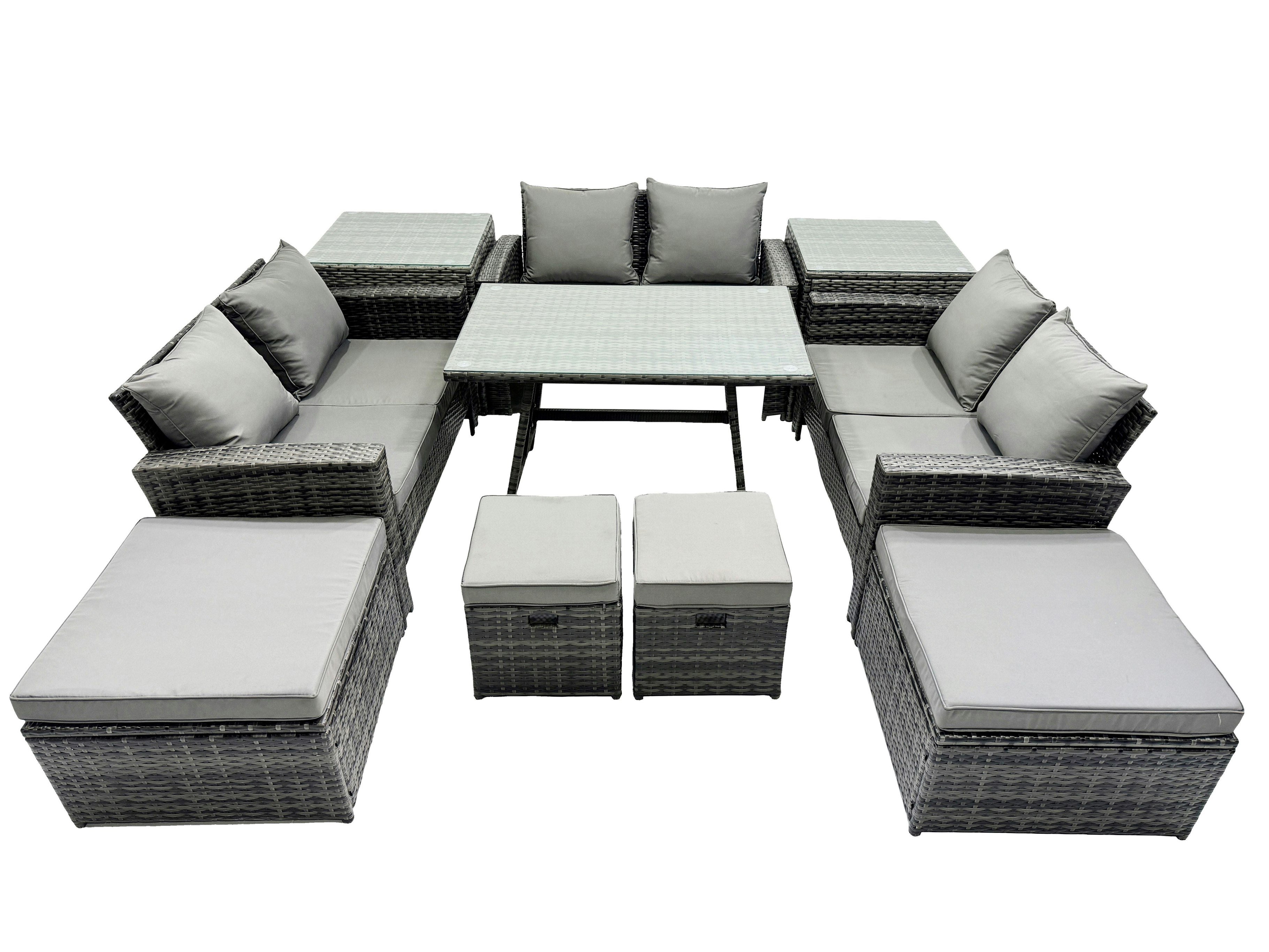 Rackhams Dark/Grey 10 Seater Wicker Pe Rattan Furniture Outdoor Dining Table Double Seat Sofa 4 Stools 2 Side Table Set Mixed
