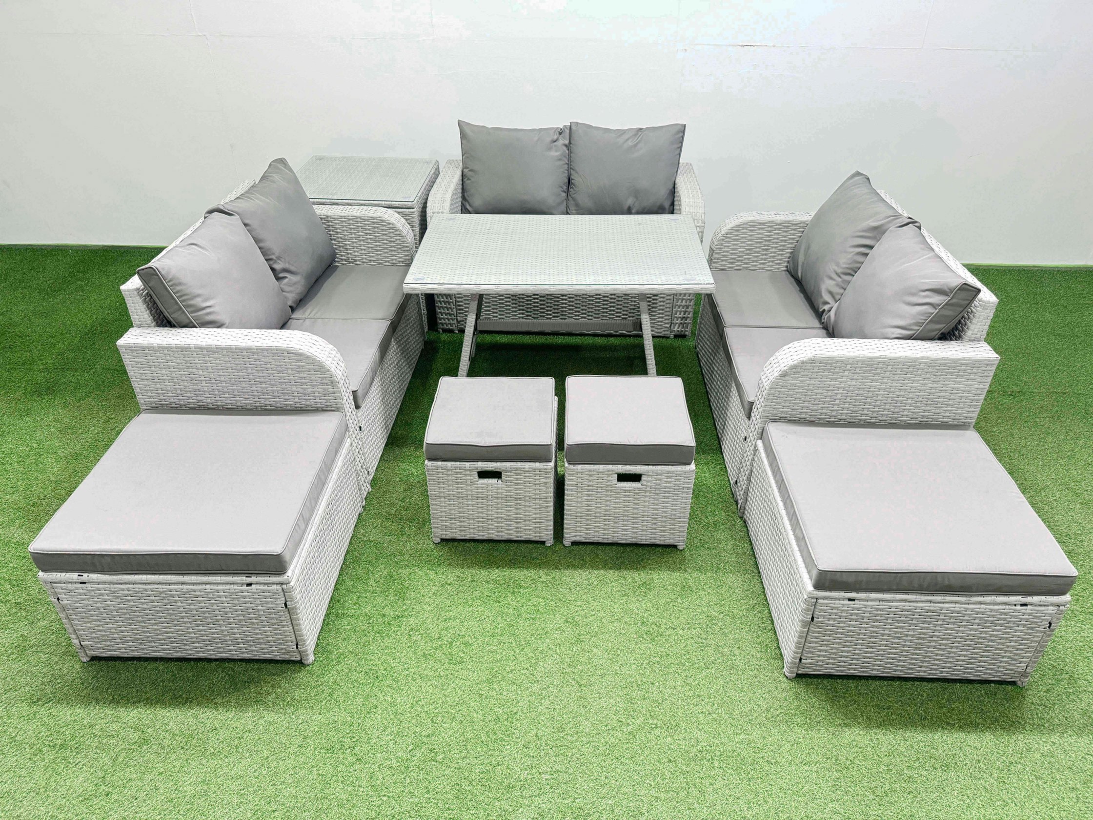 Fimous Light/Grey 10 Seater Patio Garden Furniture Sets With Dining Table Love Sofa Side Table 4 Stools