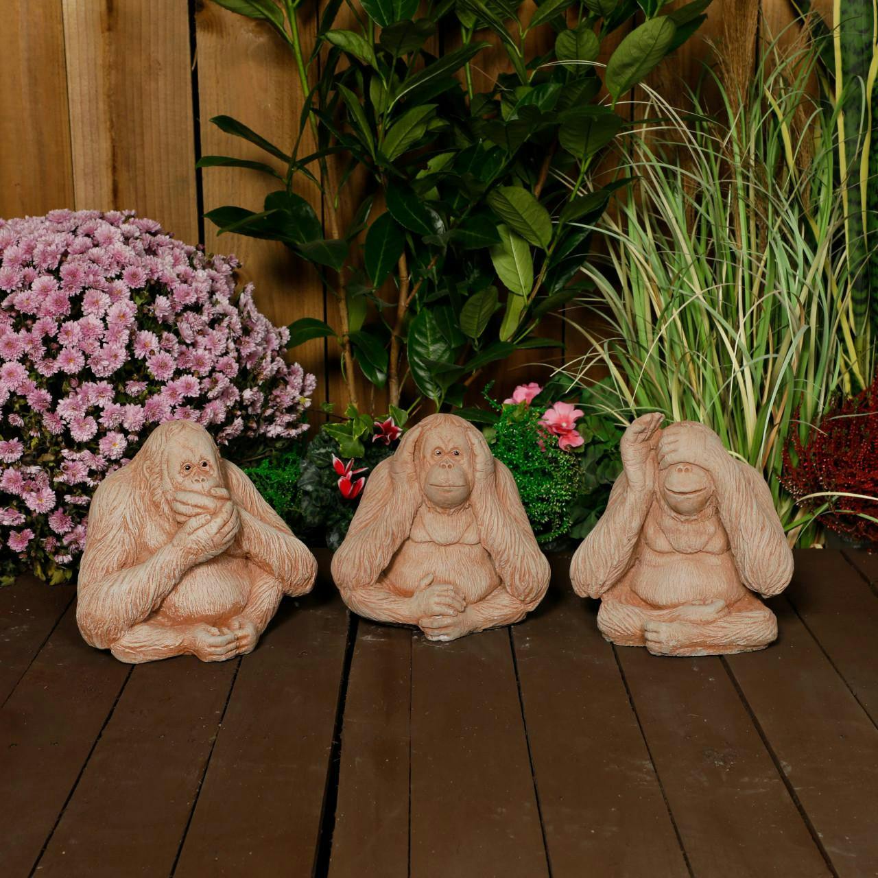 Rackhams Brown/Orange Set Of 3 Wise Monkeys Garden Figurines