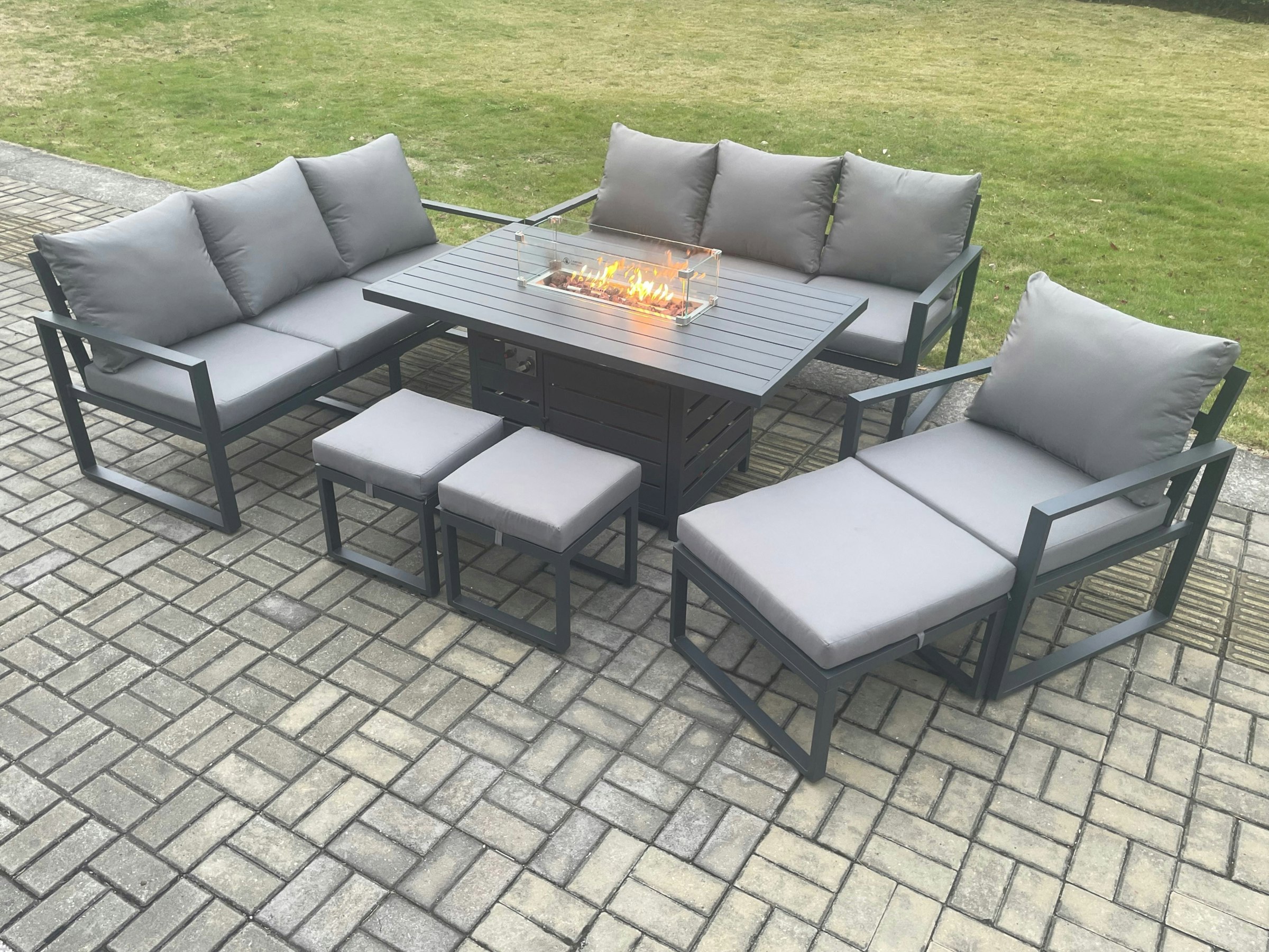 Rackhams Dark/Grey Aluminium 7 Pieces Garden Furniture Sofa Set With Cushions 10 Seater Gas Fire Pit Dining Table Set With 3 Footstools