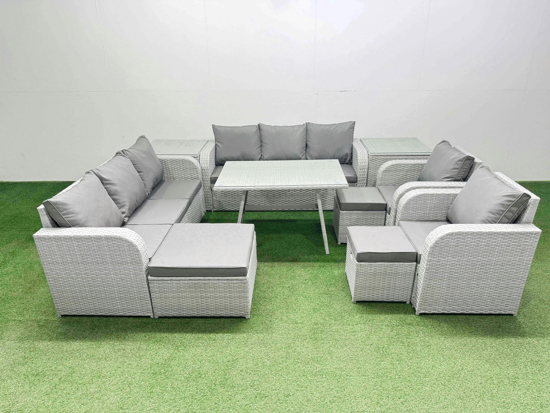 Fimous Light/Grey Rattan High Back Lounge Sofa Set Patio Dining Table & Chairs Set With 3 Seater Sofa 2 Reclining Chairs 2 Side Tables 3 Stool