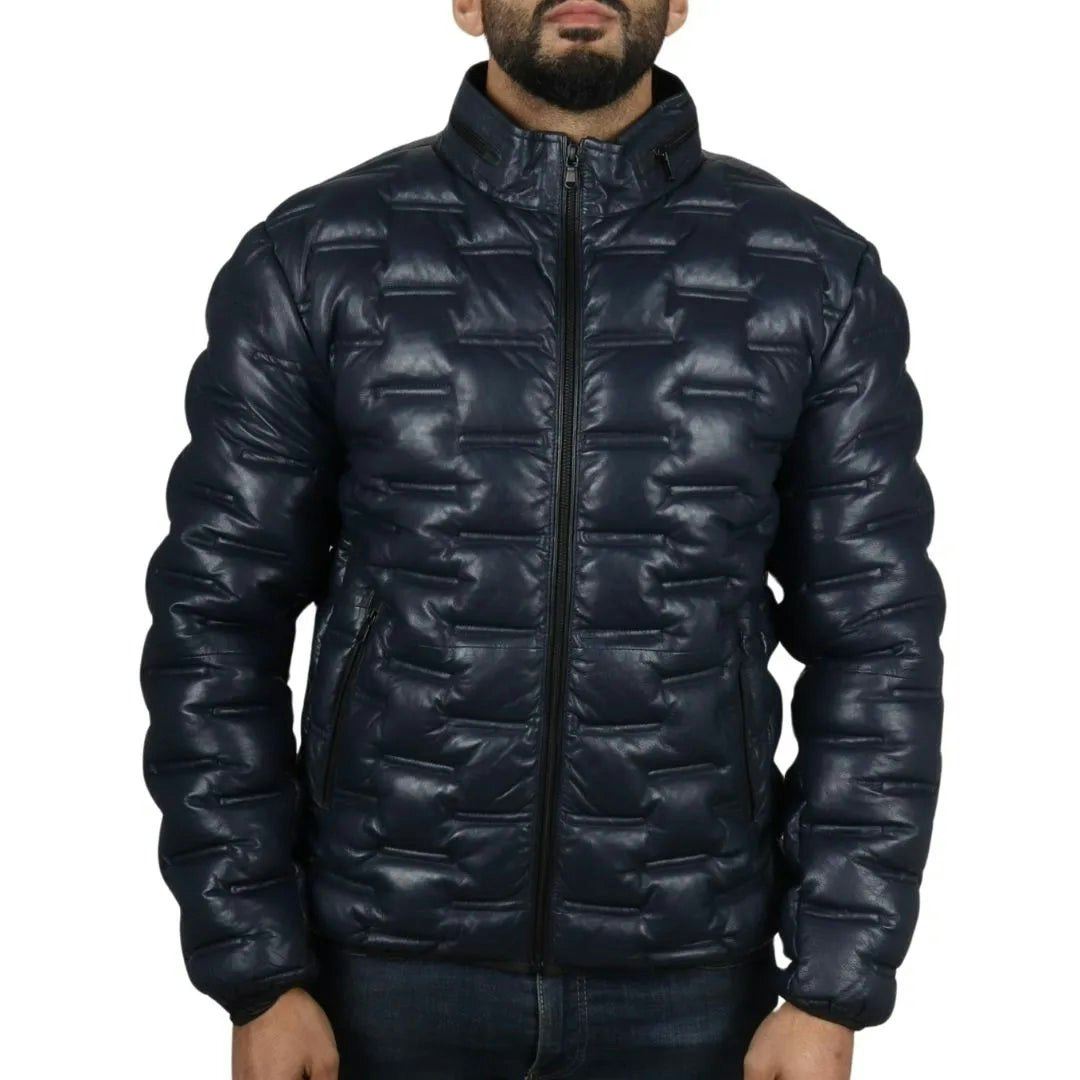 Infinity Leather Men's Puffer Quilted Real Leather Waist Length Jacket - Navy - 4XL