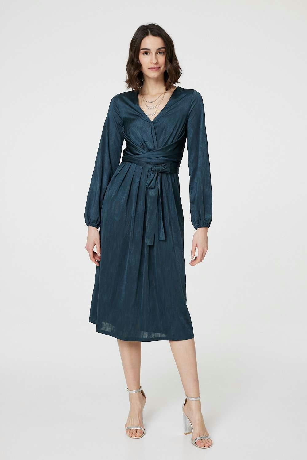 Izabel London Green Ruched Long Sleeve Midi Wrap Dress - 8