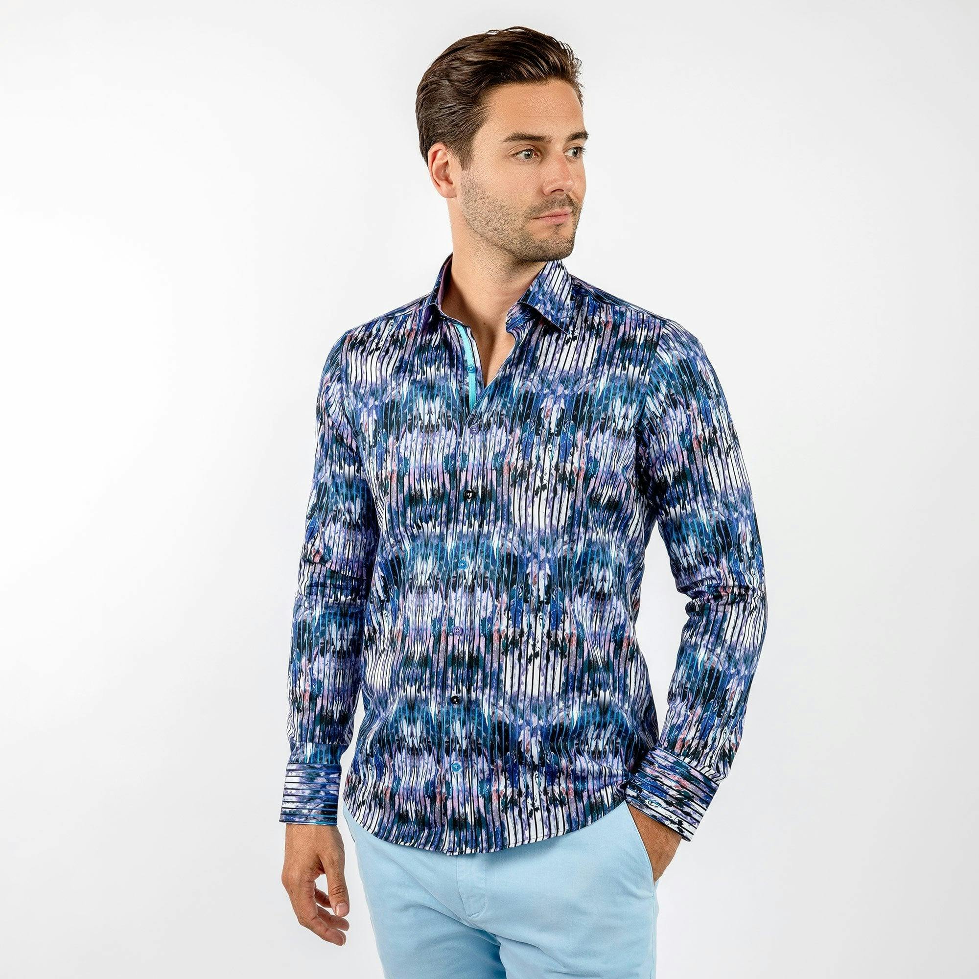 Claudio Lugli Blue Tie Dye Art Striped Print Shirt - Xl
