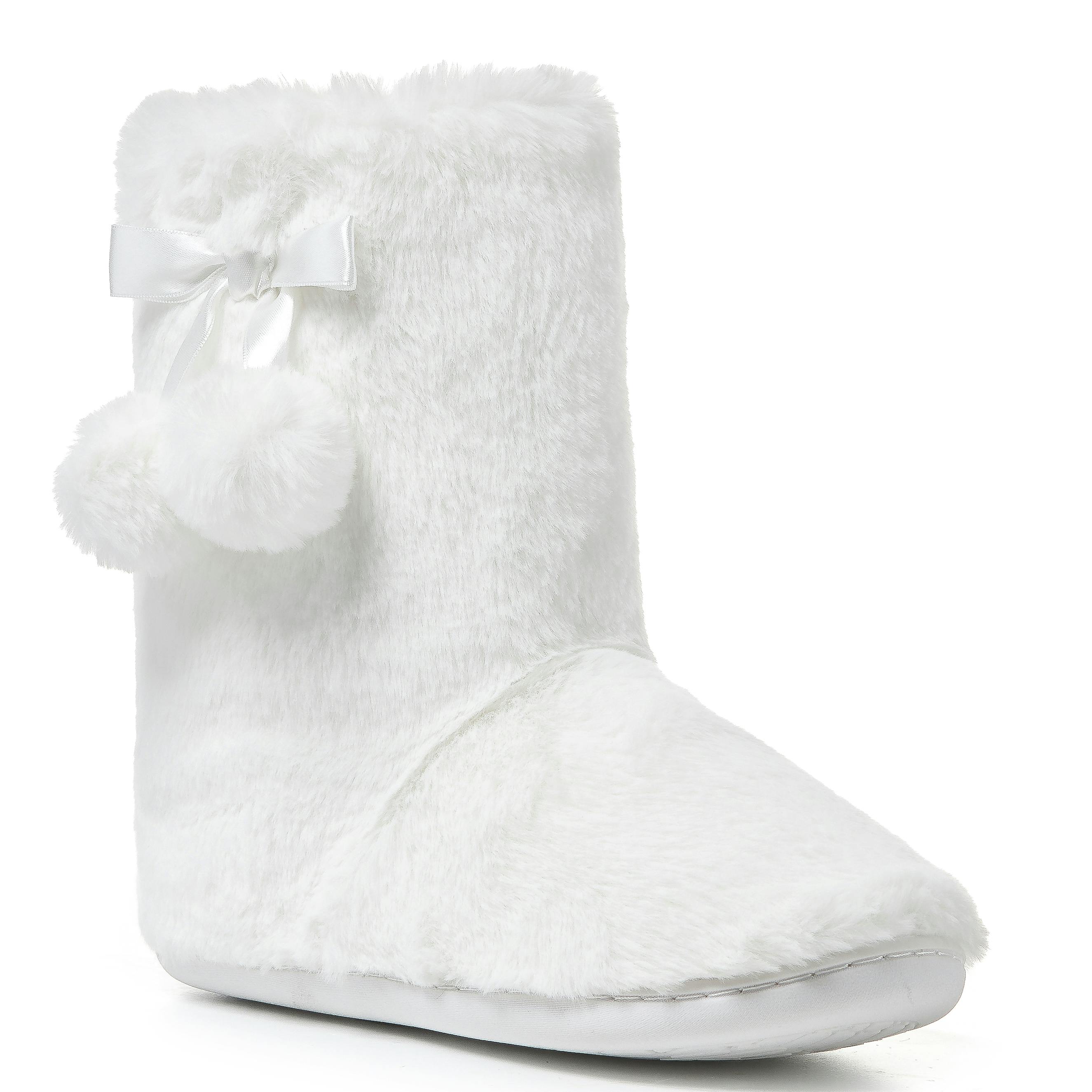 Viva Women's White Polar Faux Fur Fluffy Indoor Slipper Boots With Cute Pom Poms - 9