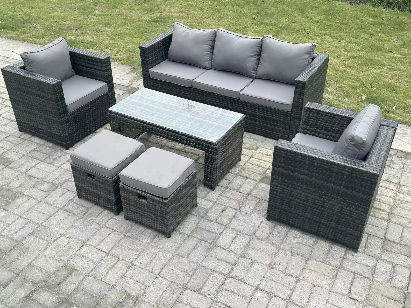 Rackhams Dark/Grey Lounge Rattan Sofa Set Outdoor Garden Furniture Oblong Rectangular Coffee Table With 2 Chairs 2 Stools
