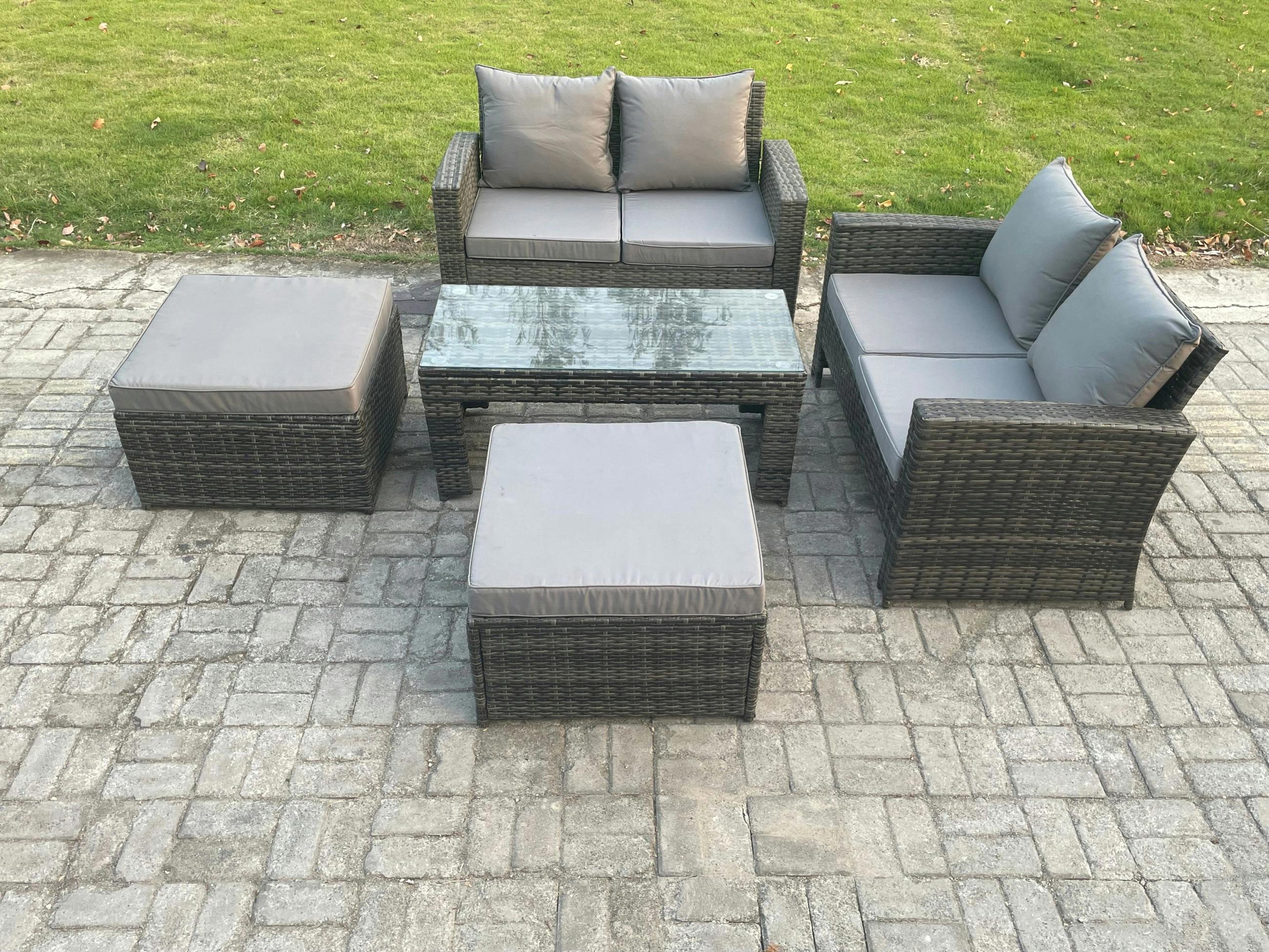 Rackhams Dark/Grey 5 Pieces Garden Set, Poly Rattan Outdoor Patio Furniture, Pe Wicker, 2 Big Footstools, Loveseat And Table, Mixed