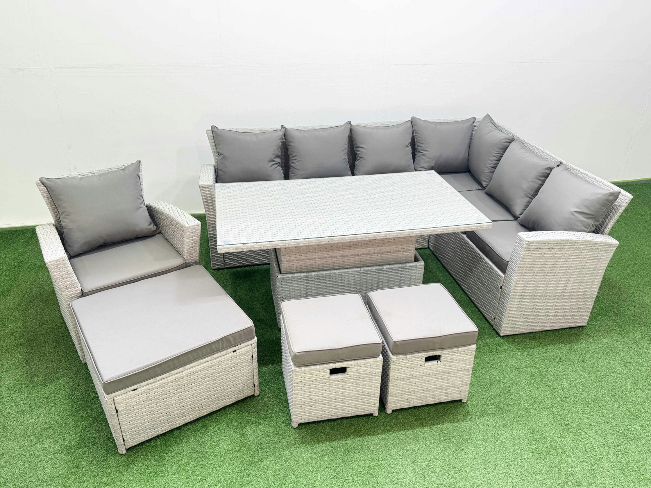 Fimous Light/Grey 10 Seat Rattan Garden Furniture Corner Sofa Set Outdoor Adjustable Lifting Dining Or Coffee Table Set With 3 Footstools