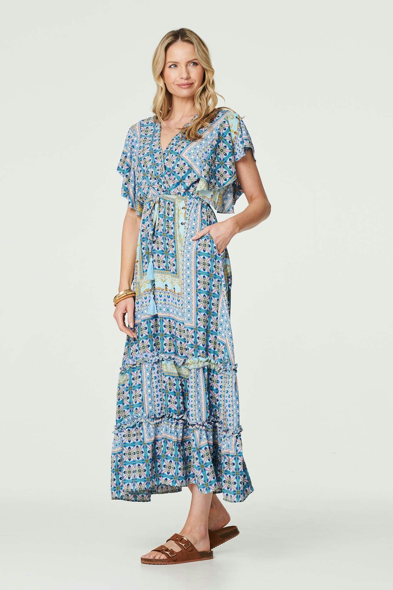 Izabel London Blue Printed Frill Sleeve Maxi Dress - 14