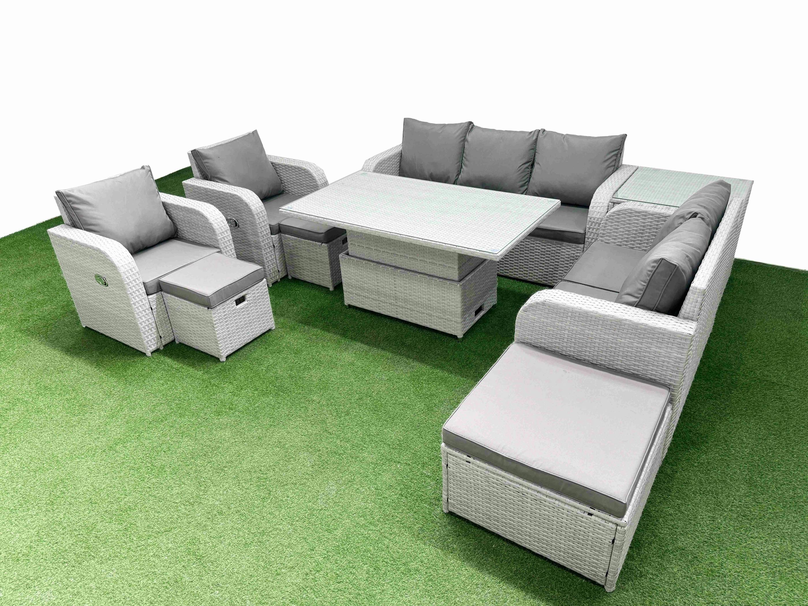Rackhams Light/Grey Pe Rattan Wicker Patio Set, Adj Height Table, Reclining Sofa, Double Love Seat, 2 Seater Lounge, 3 Stools And Side Table,
