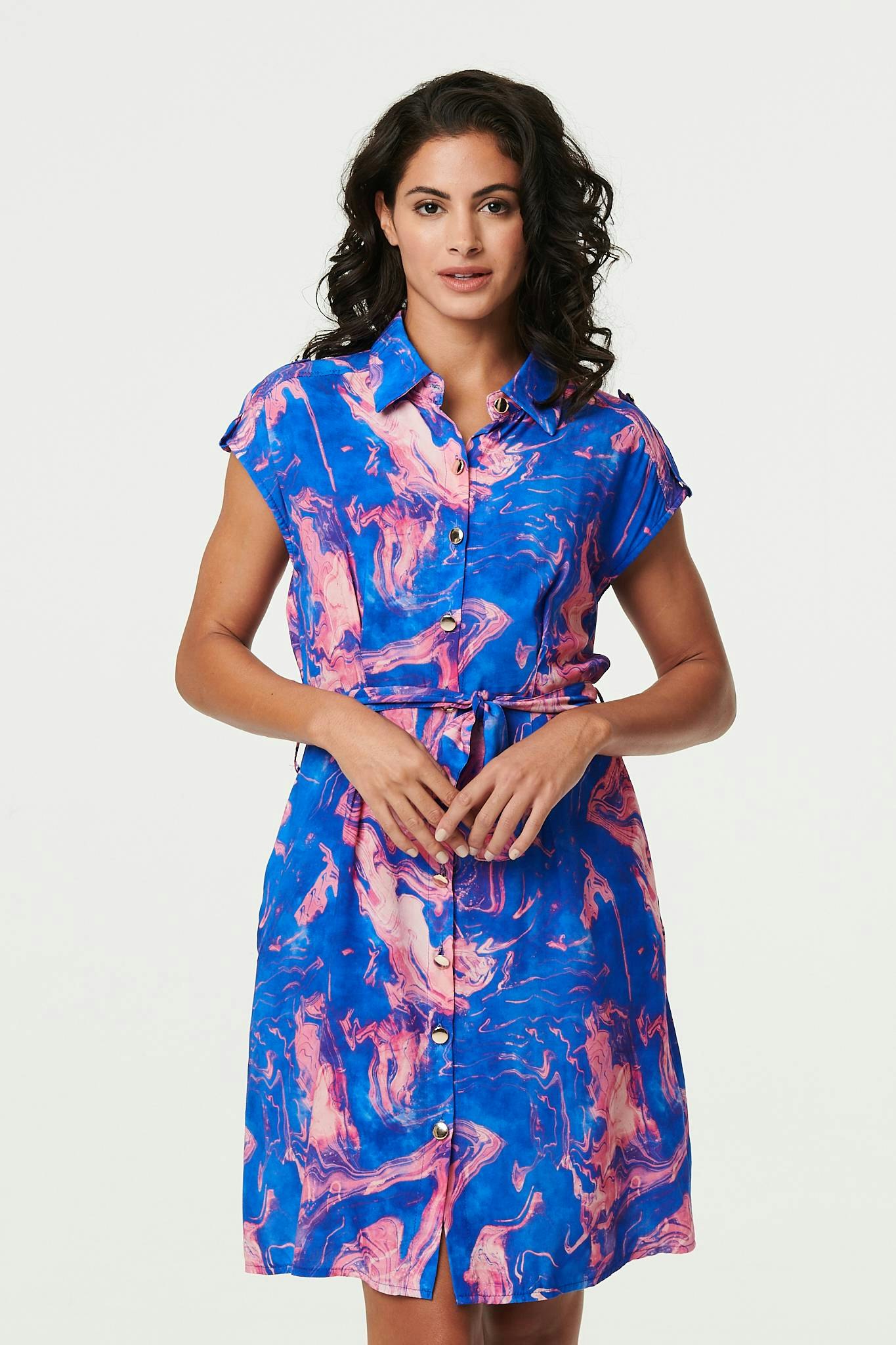 Izabel London Blue Marble Print Knee Length Shirt Dress - 10