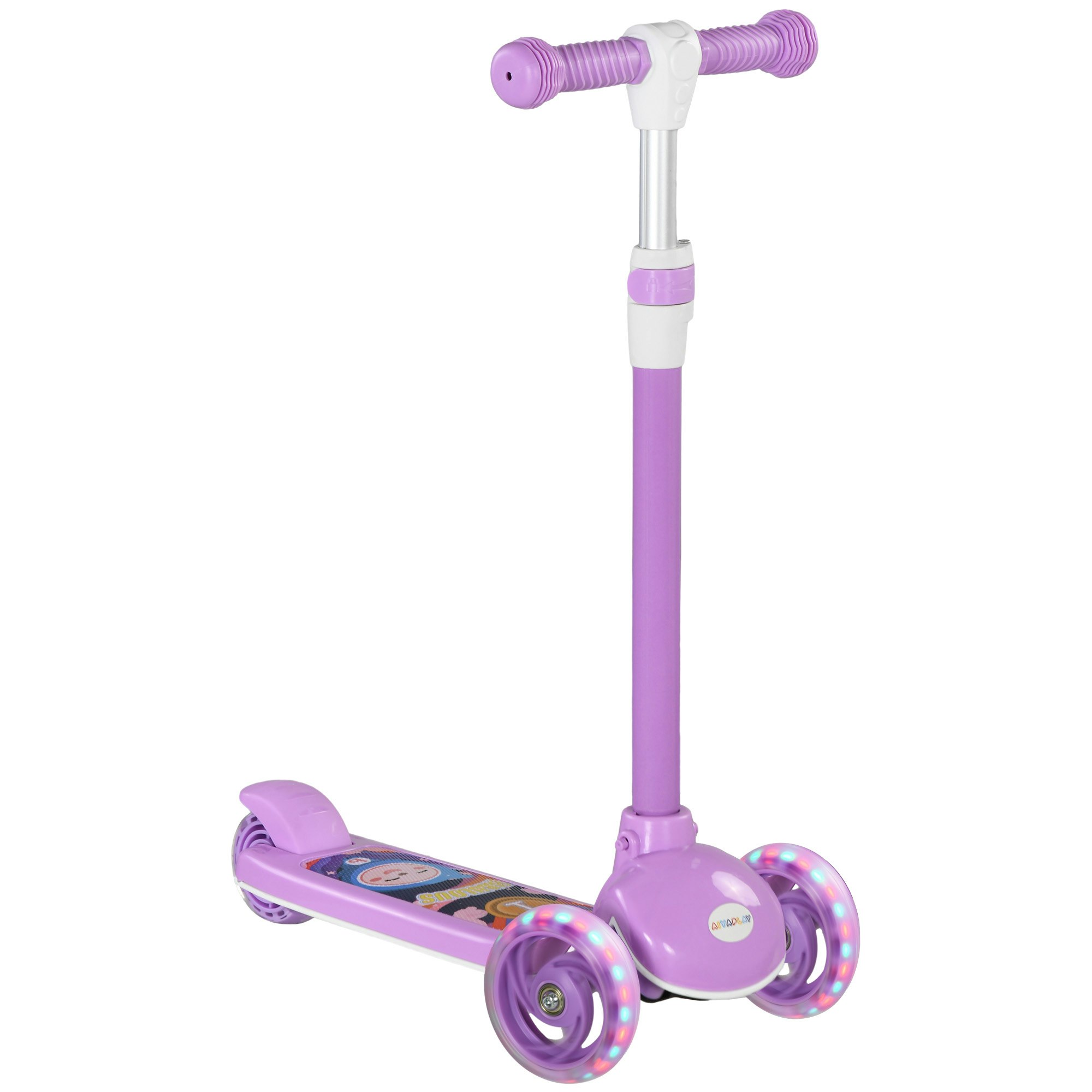 Homcom Boys Light/Purple Aiyaplay Kids Scooter, Wheel Scooter For Toddlers Ages 2 To 6, With 3-Level Adjustable Height, Led Tpe Handlebar, Kick Scooter - Kids Scooter Size 3