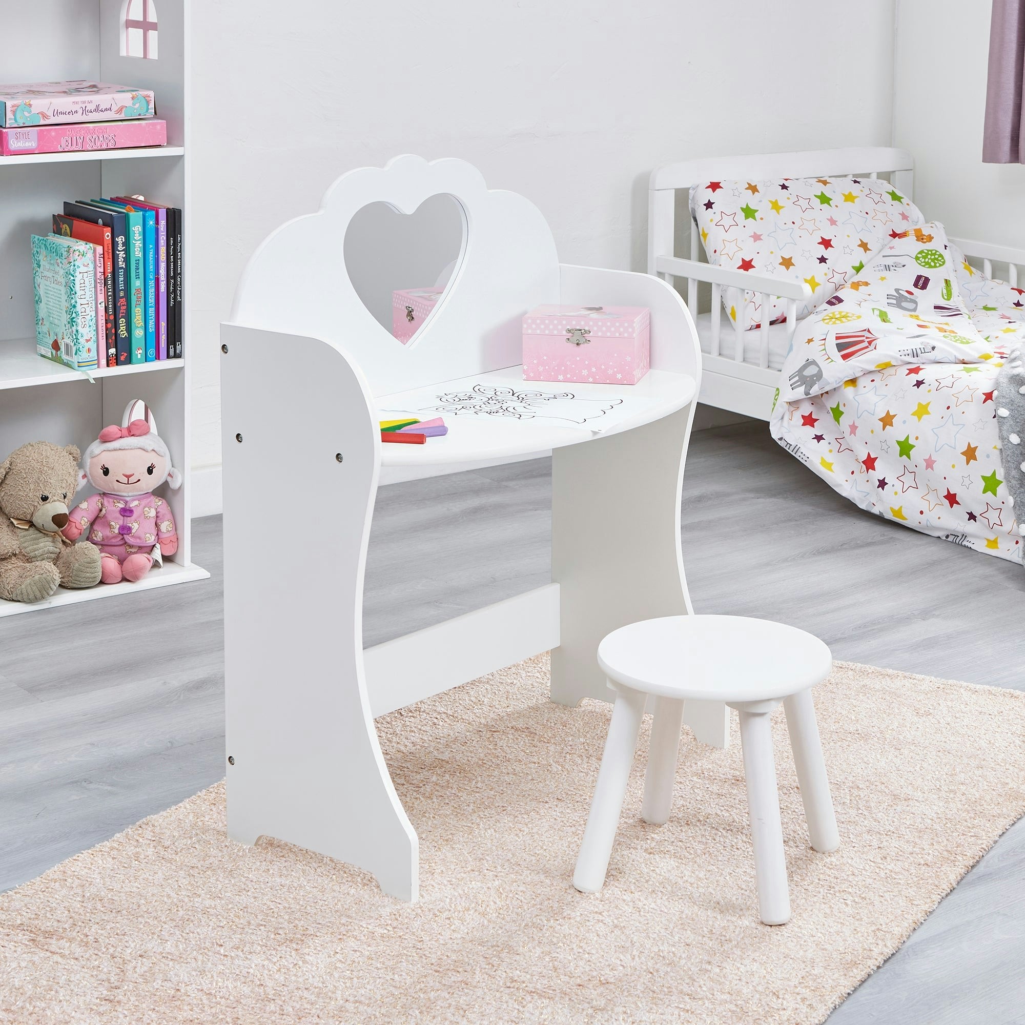 Liberty House Toys White Kids Wooden Dressing Table And Stool Set