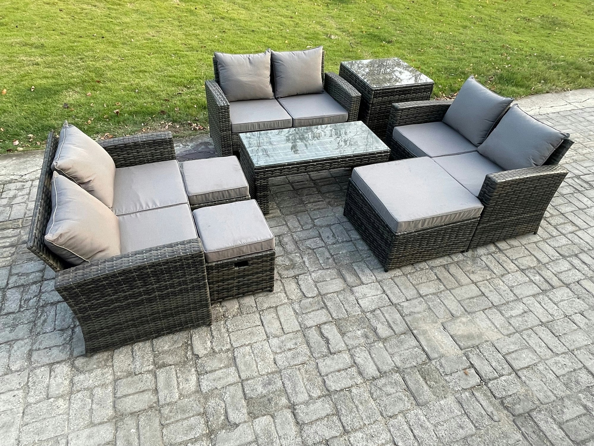 Rackhams Dark/Grey Outdoor U Shape Sofa Set Wicker Pe Rattan Garden Furniture Set With Coffee Table Double Seat Sofa 3 Footstools Side Table Mixed