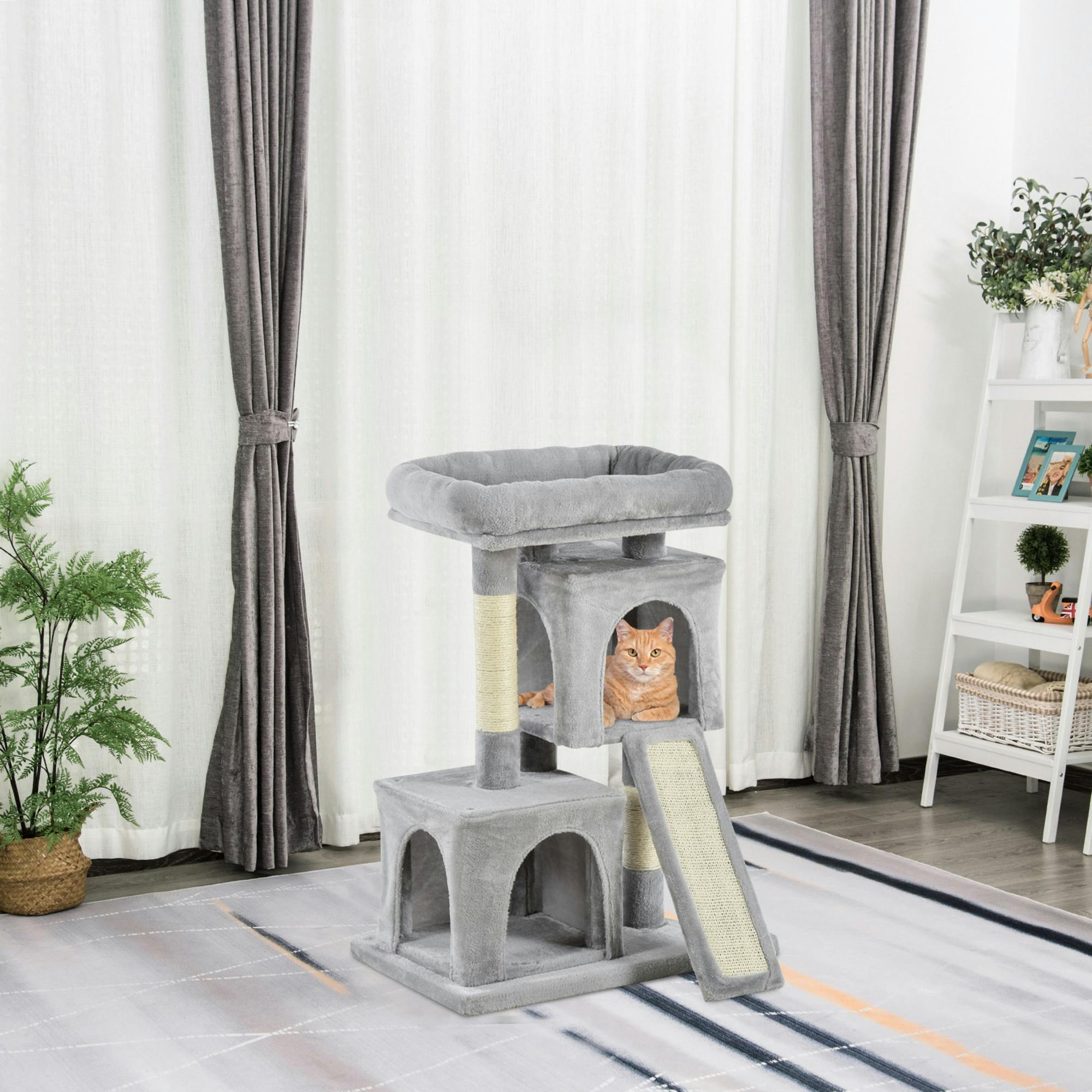 Pawhut Grey Cat Rest & Play Activity Tree W/ 2 House Perch Scratching Post