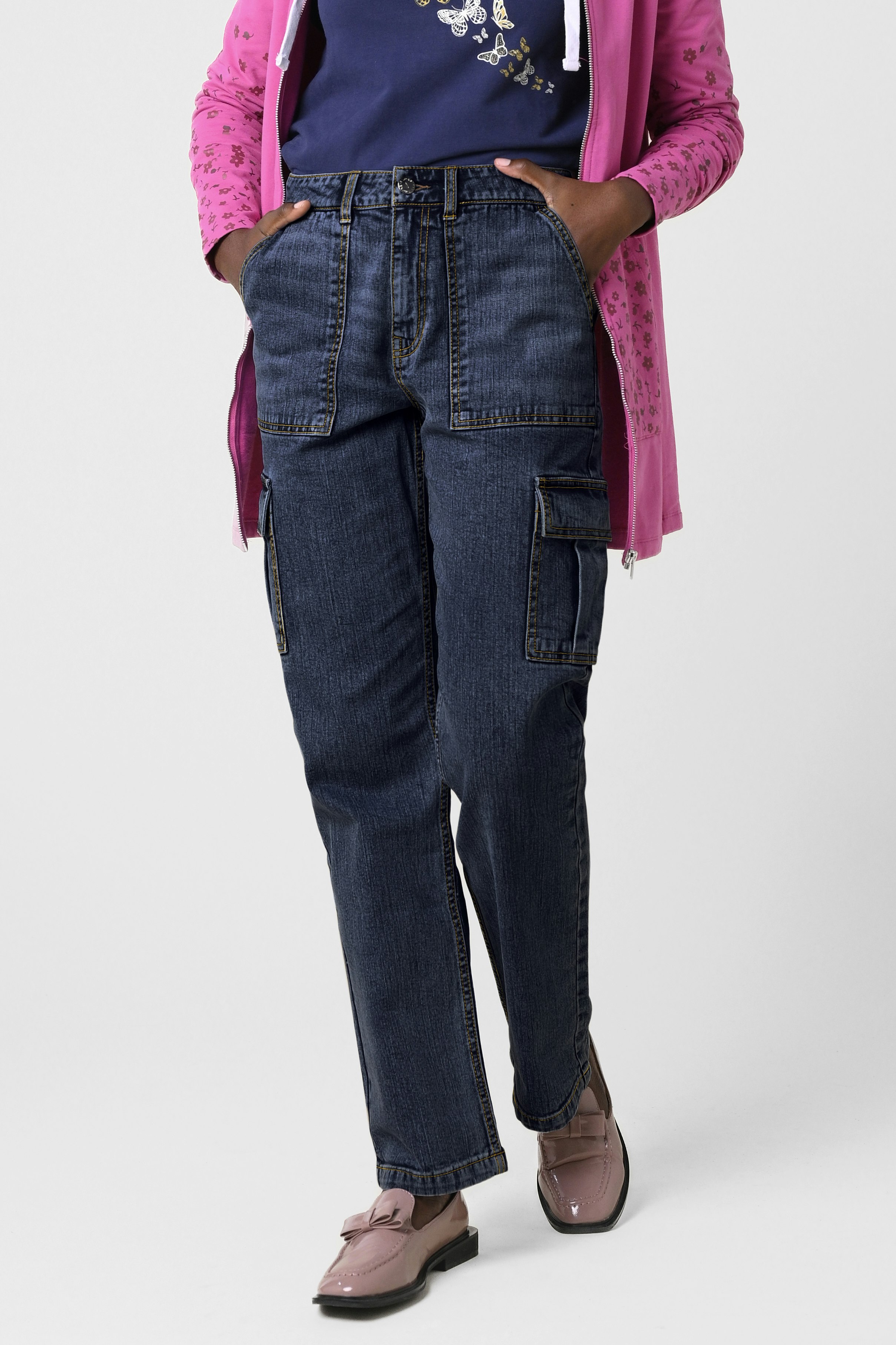 Enorsia Dark Vintage Straight Leg Cargo Jeans - 8 - 99% Cotton, 1% Spandex - Navy