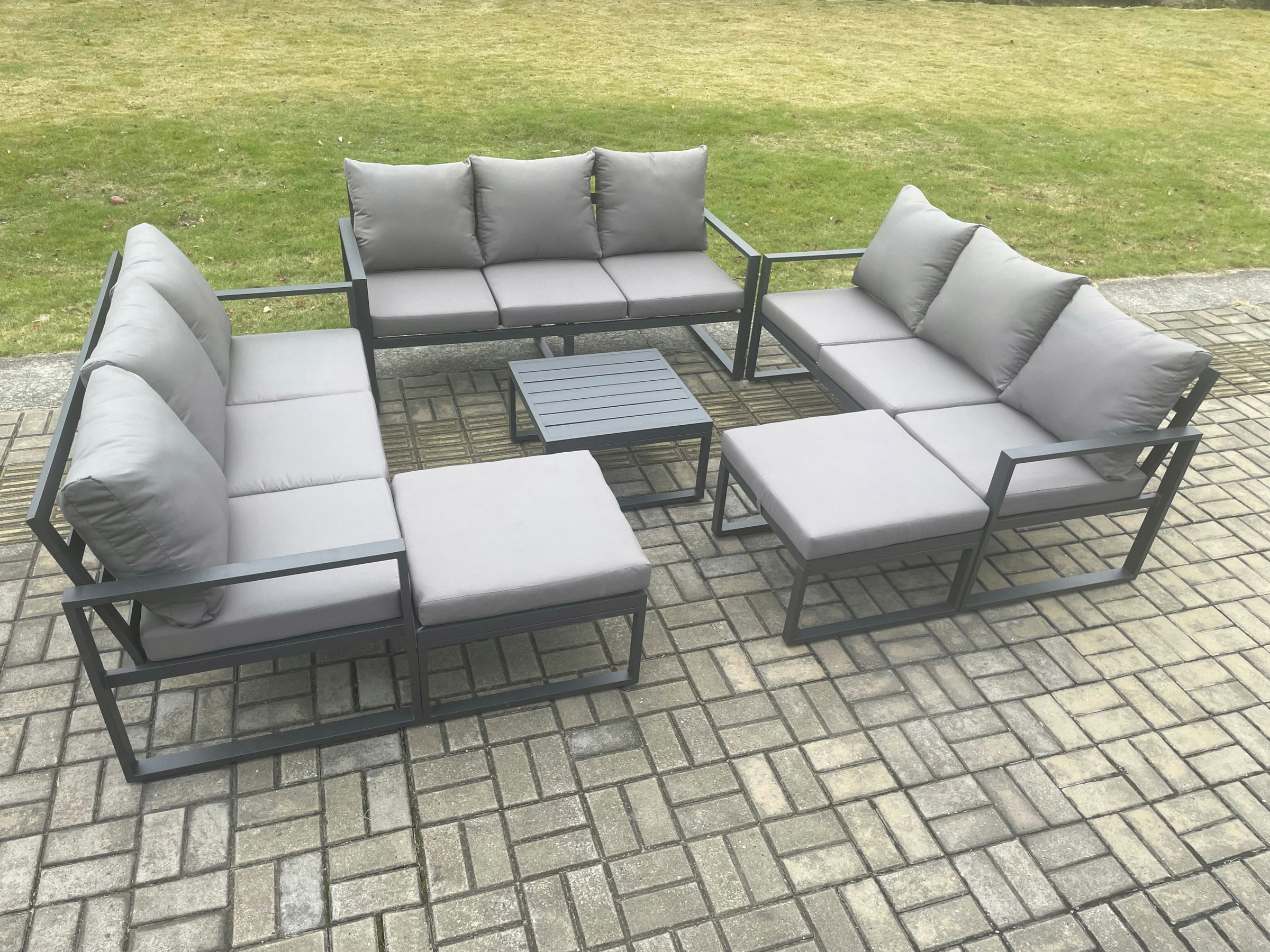 Fimous Dark/Grey Aluminium Outdoor Garden Furniture Set Patio Lounge Sofa With Square Coffee Table 2 Big Footstools Conservatory Set