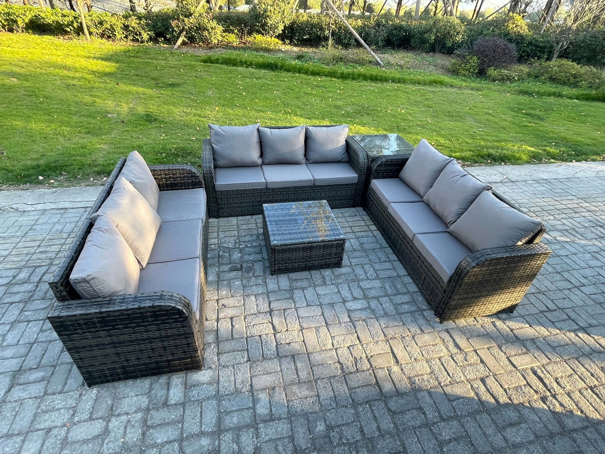 Rackhams Dark/Grey Patio Garden Furniture Sets Wicker 9 Seater Outdoor Rattan Furniture Sofa Sets With Square Coffee Table Side Table
