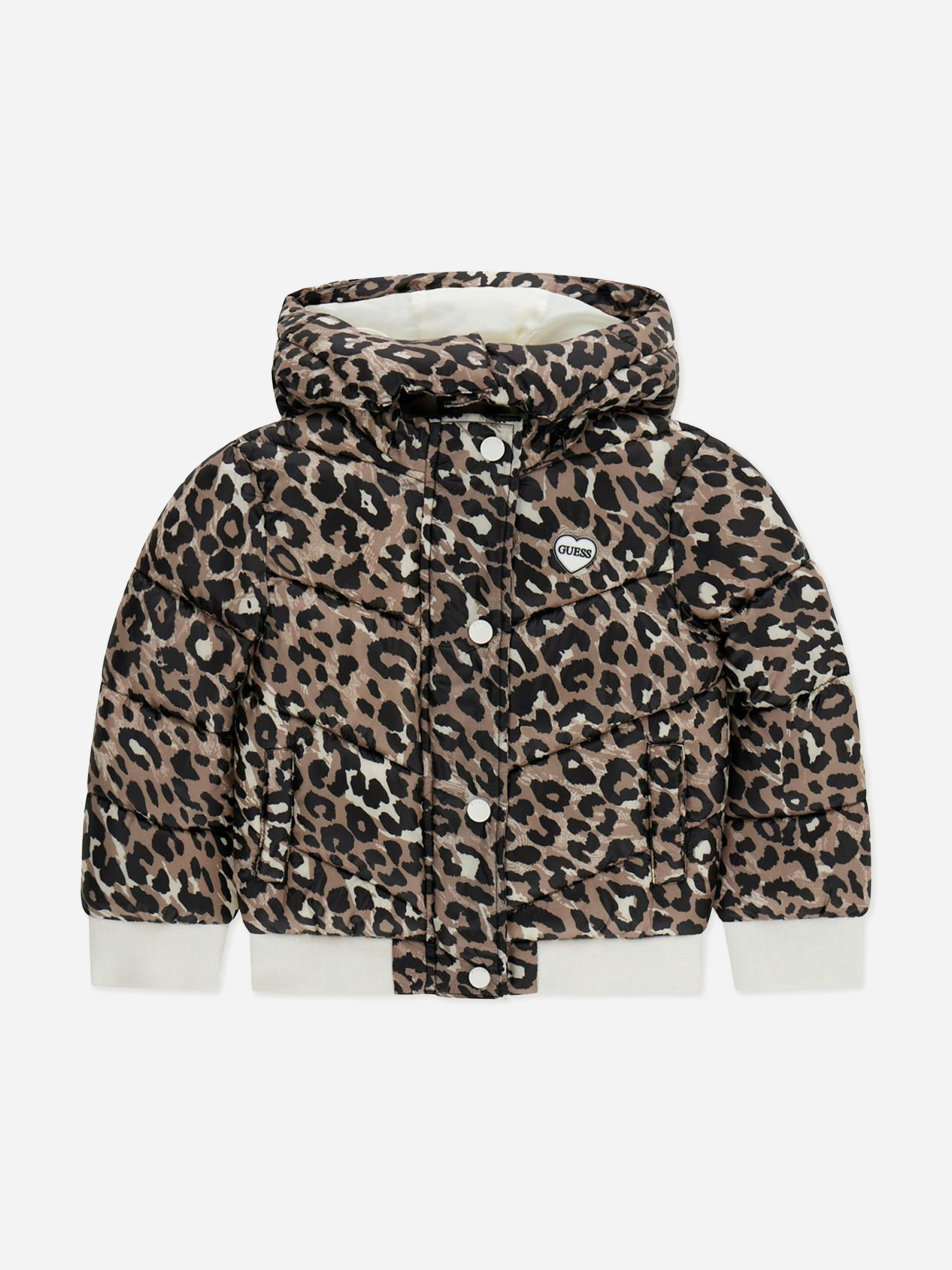Guess Girls Brown Leopard Print Hooded Puffer Jacket In - 2 Yrs