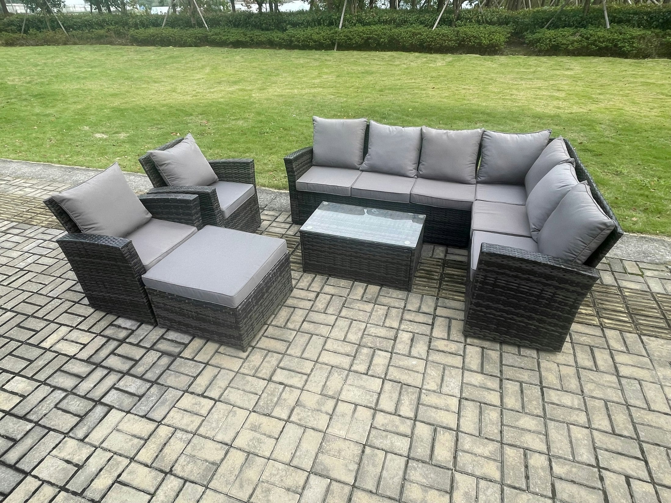 Rackhams Dark/Grey 9 Seater High Back Outdoor Garden Furniture Set Rattan Corner Sofa Set With Rectangular Coffee Table Big Footstool 2 Armchairs Mixed