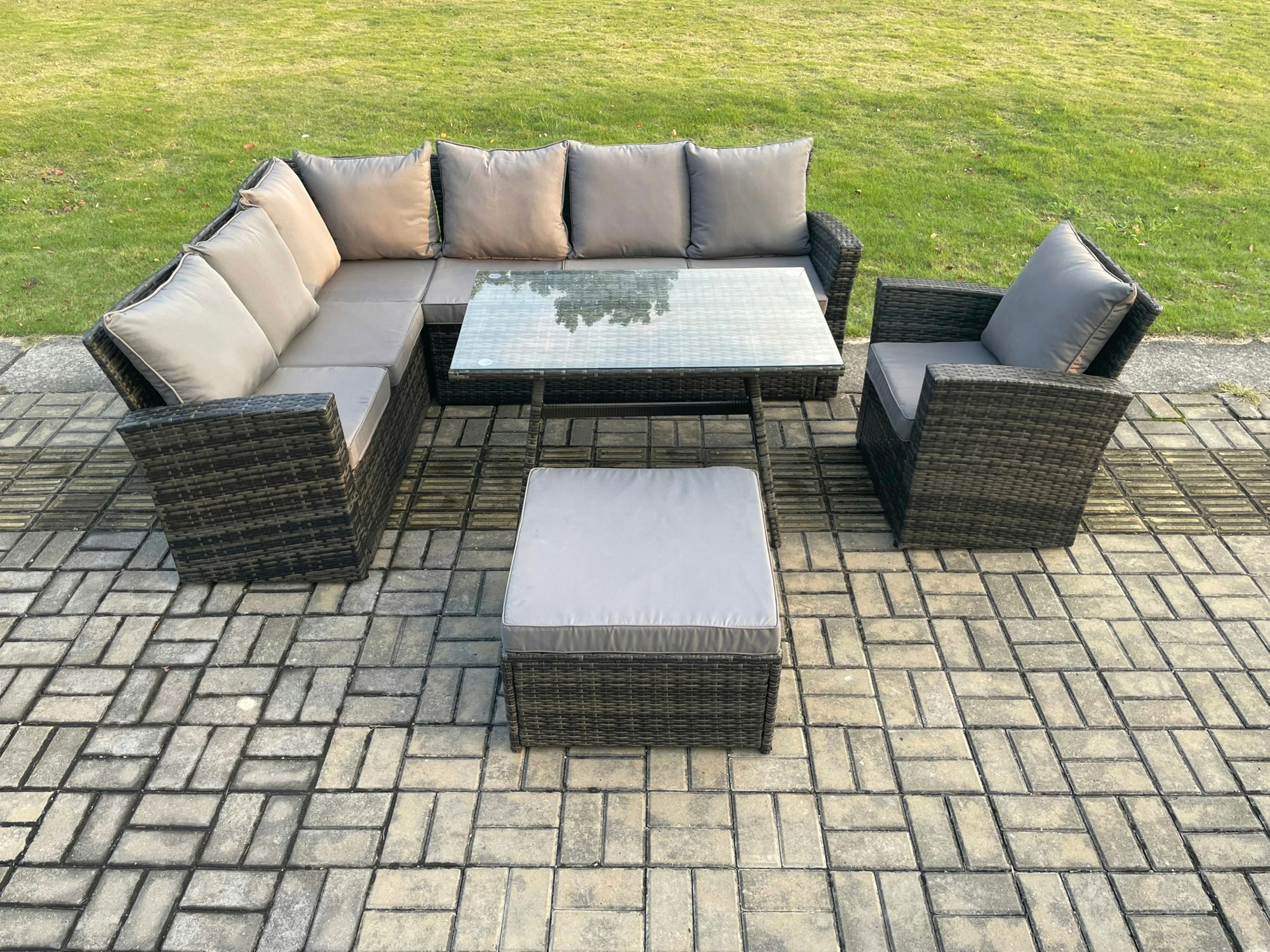 Fimous Dark/Grey Outdoor Furniture Garden Dining Set Rattan Corner Sofa Set With Rectangular Dining Table Armchair Big Footstool Mixed