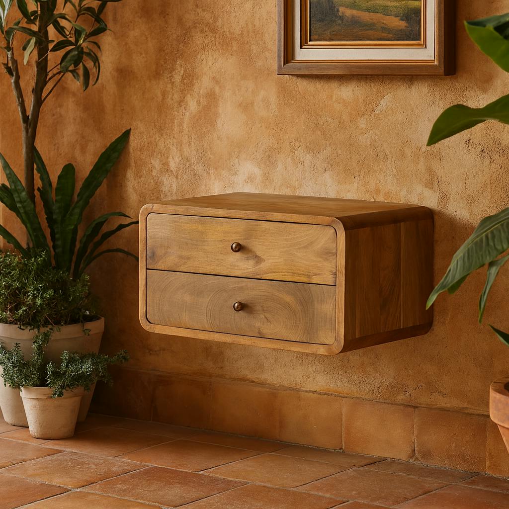 Wyld Haus Gradara Natural Oak Mango Wood 2 Drawer Floating Bedside Table