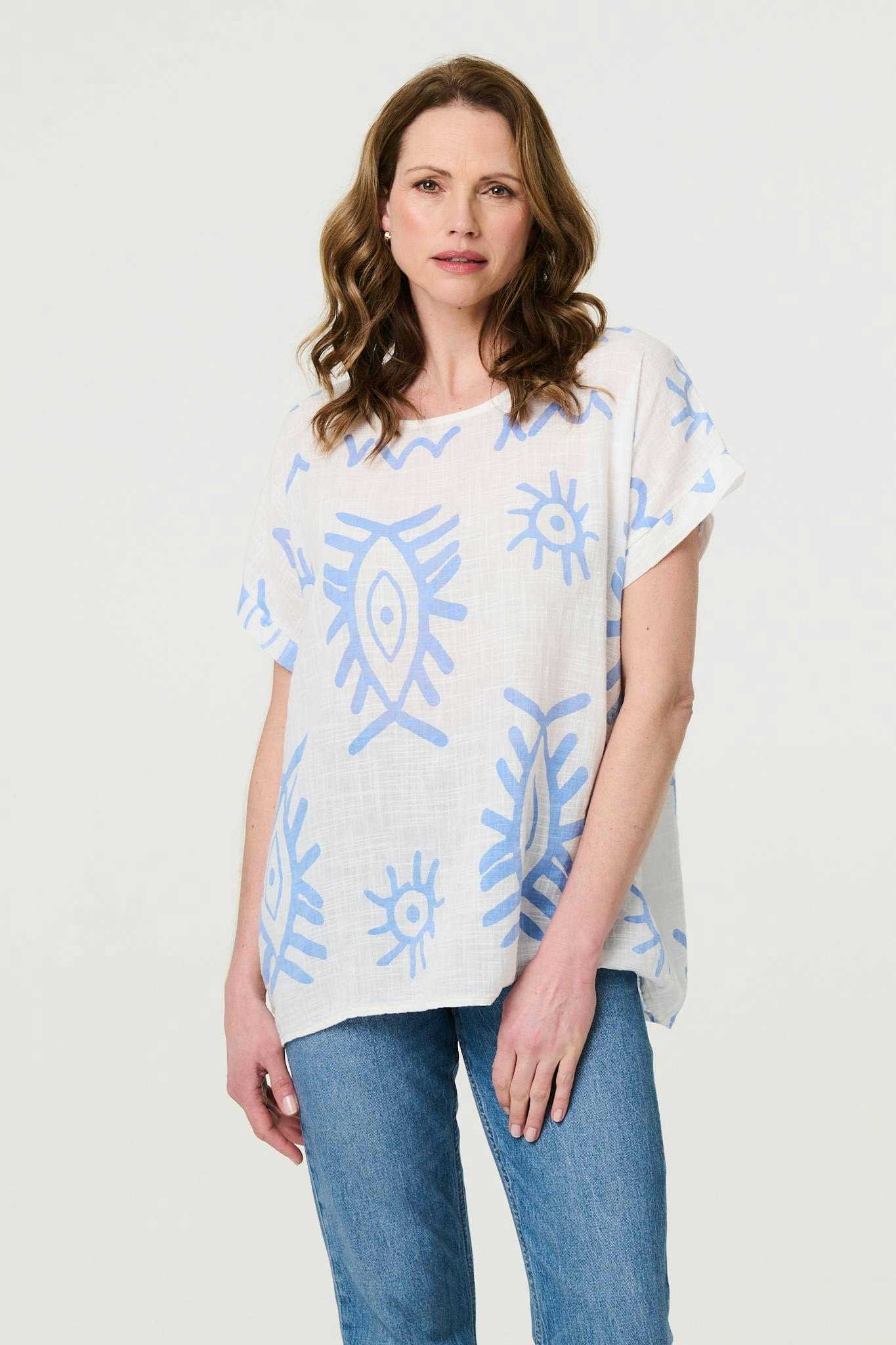 Izabel London Blue Printed Short Sleeve Relaxed Blouse - S
